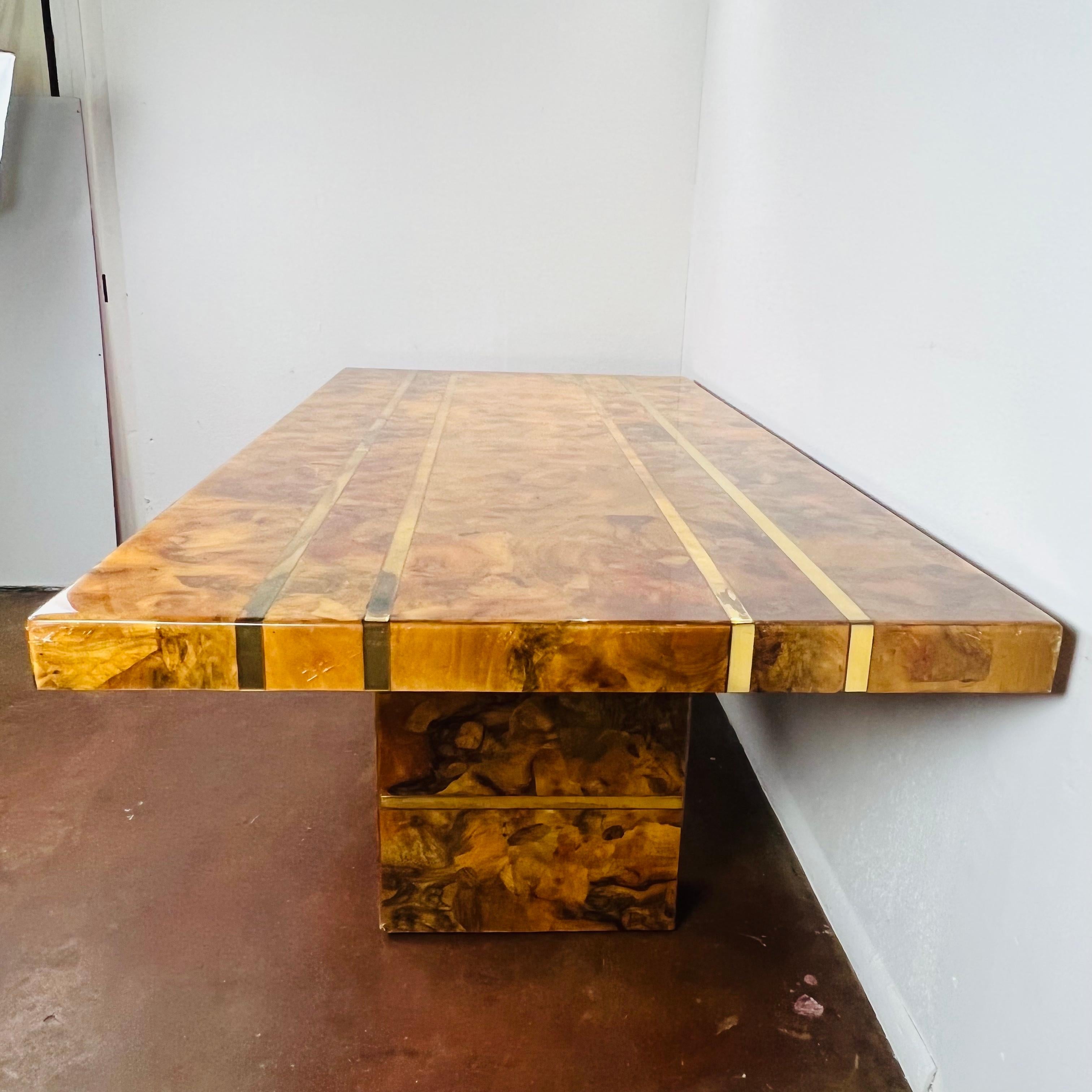 Custom Burl and Brass Double Pedestal Dining Table 10
