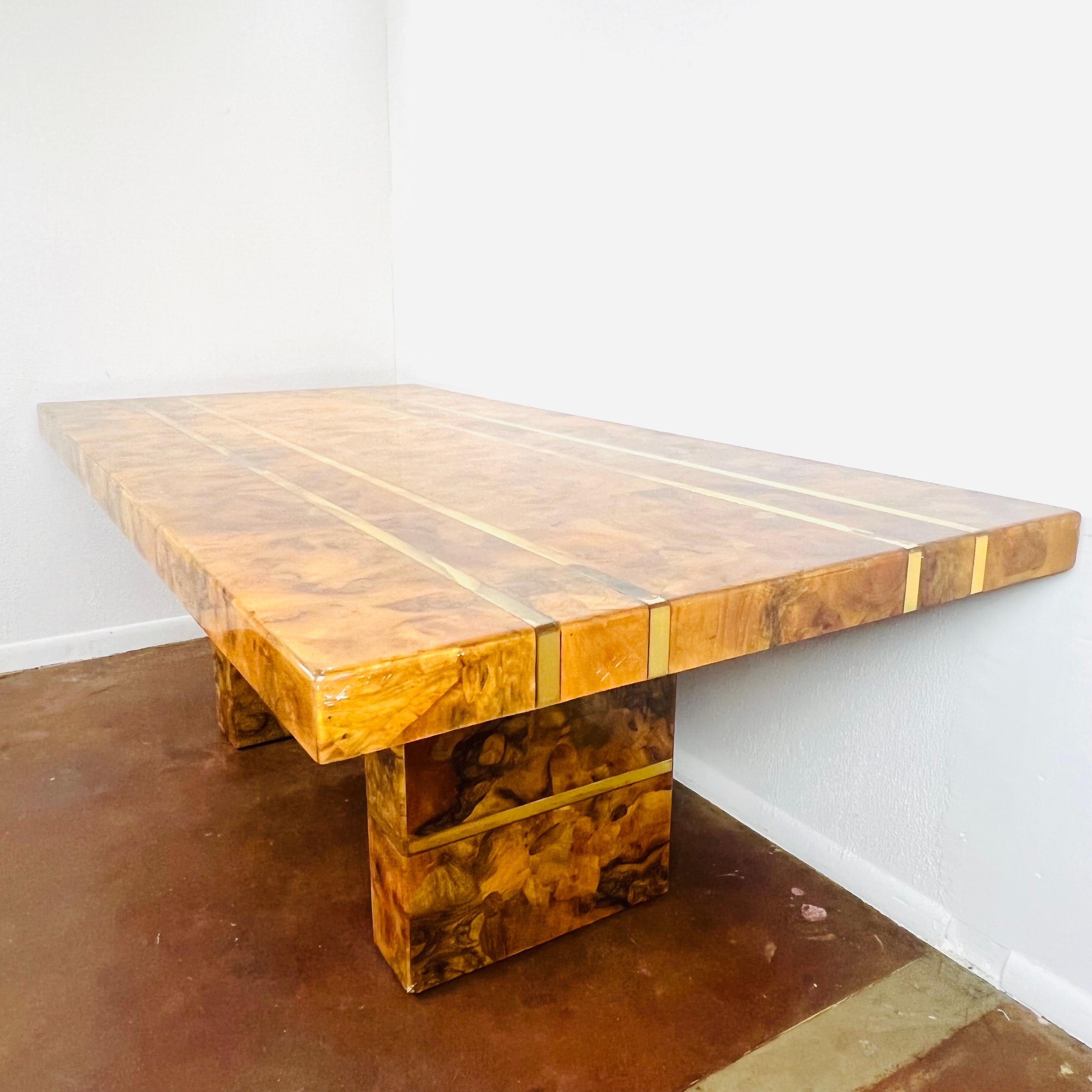 Custom Burl and Brass Double Pedestal Dining Table 11