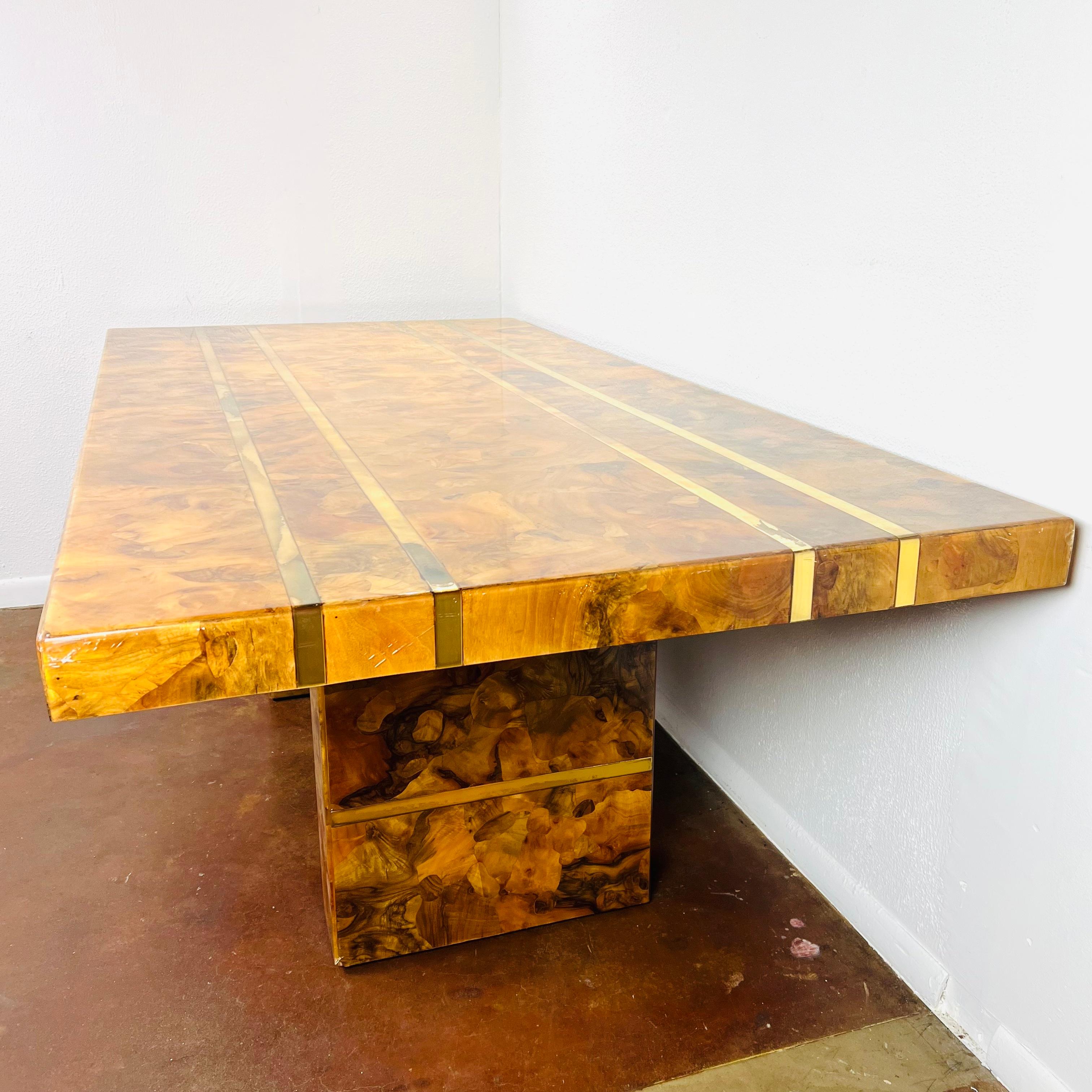Mid-Century Modern Custom Burl and Brass Double Pedestal Dining Table