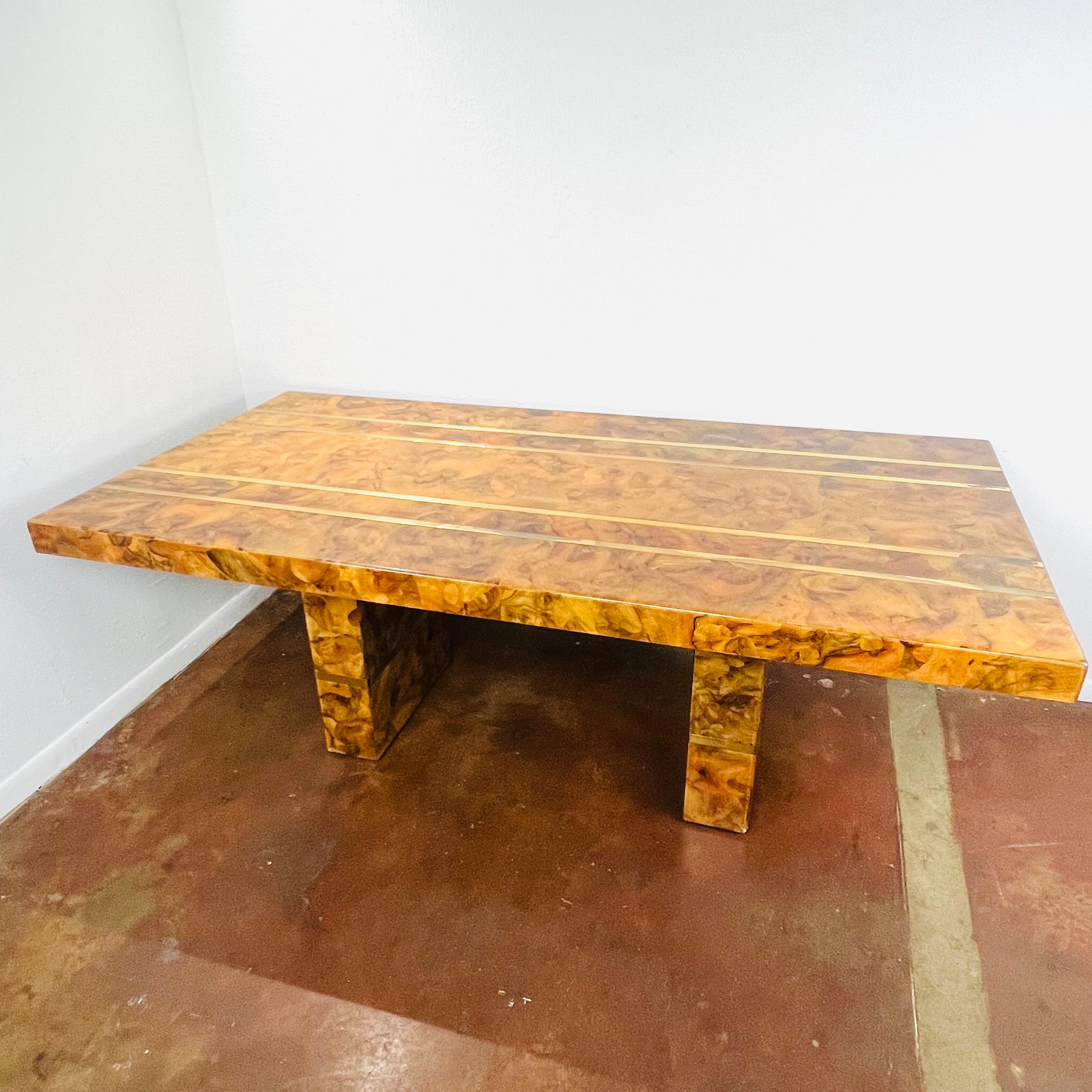Inlay Custom Burl and Brass Double Pedestal Dining Table