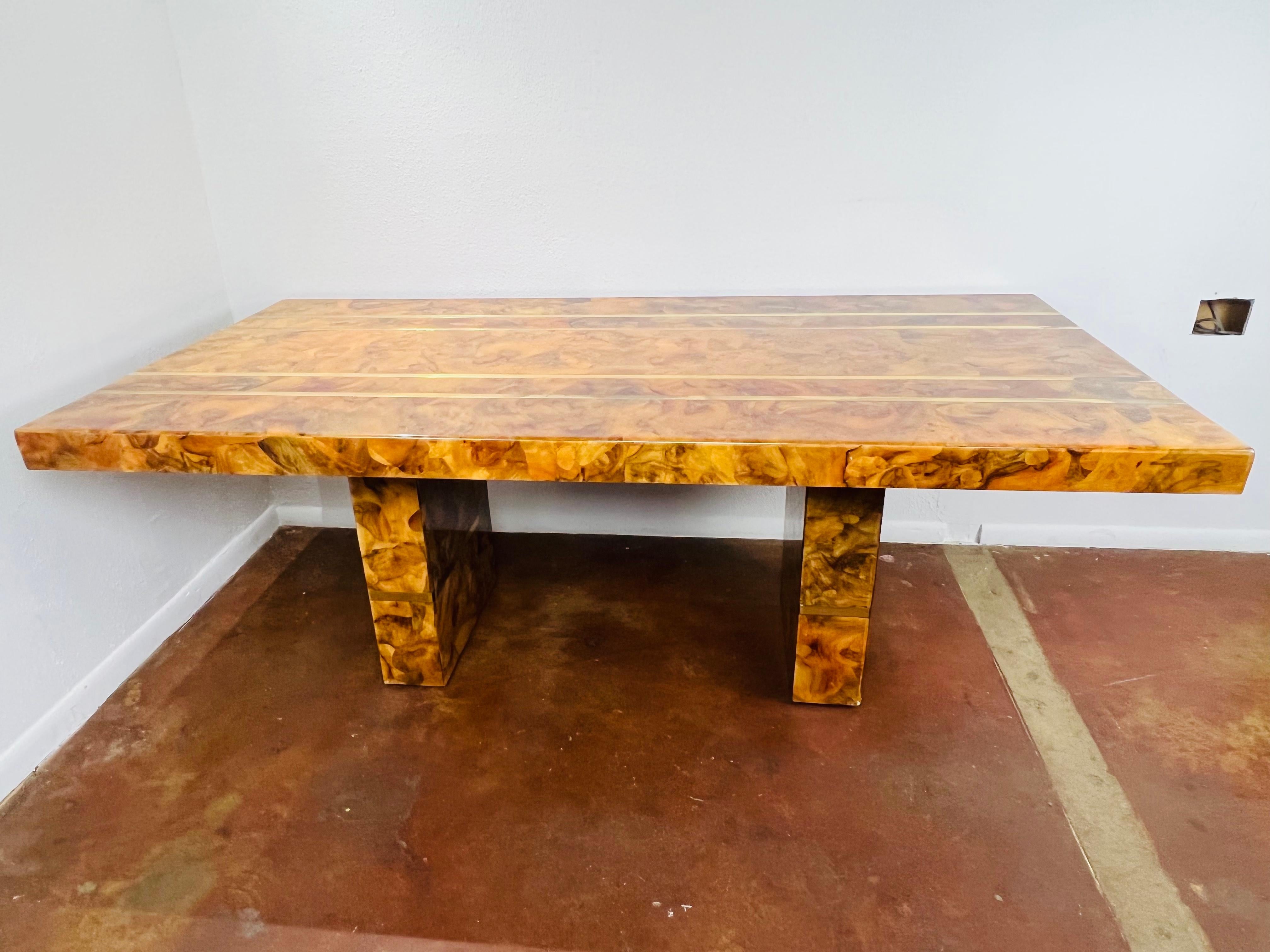 Custom Burl and Brass Double Pedestal Dining Table In Good Condition In Dallas, TX