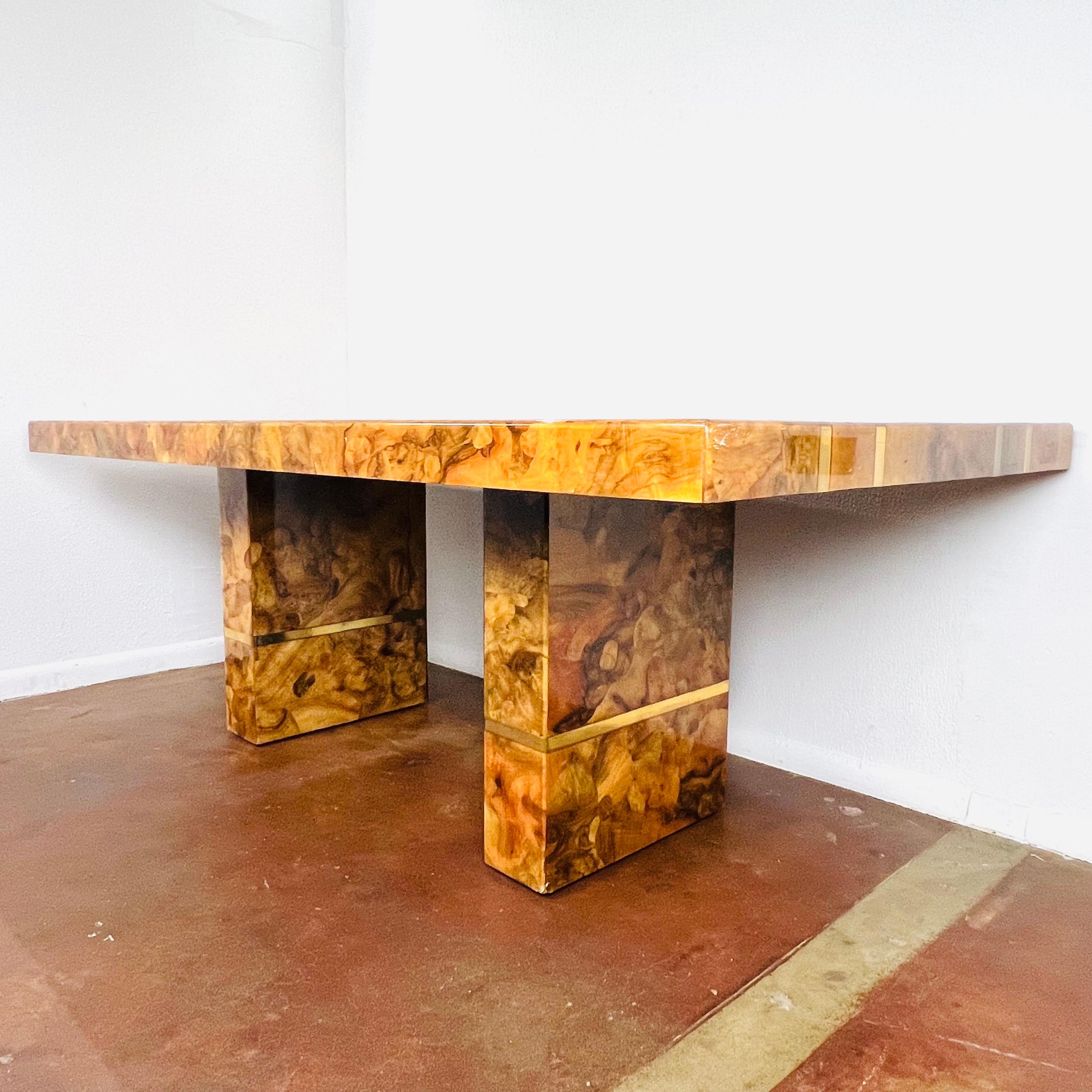 Late 20th Century Custom Burl and Brass Double Pedestal Dining Table