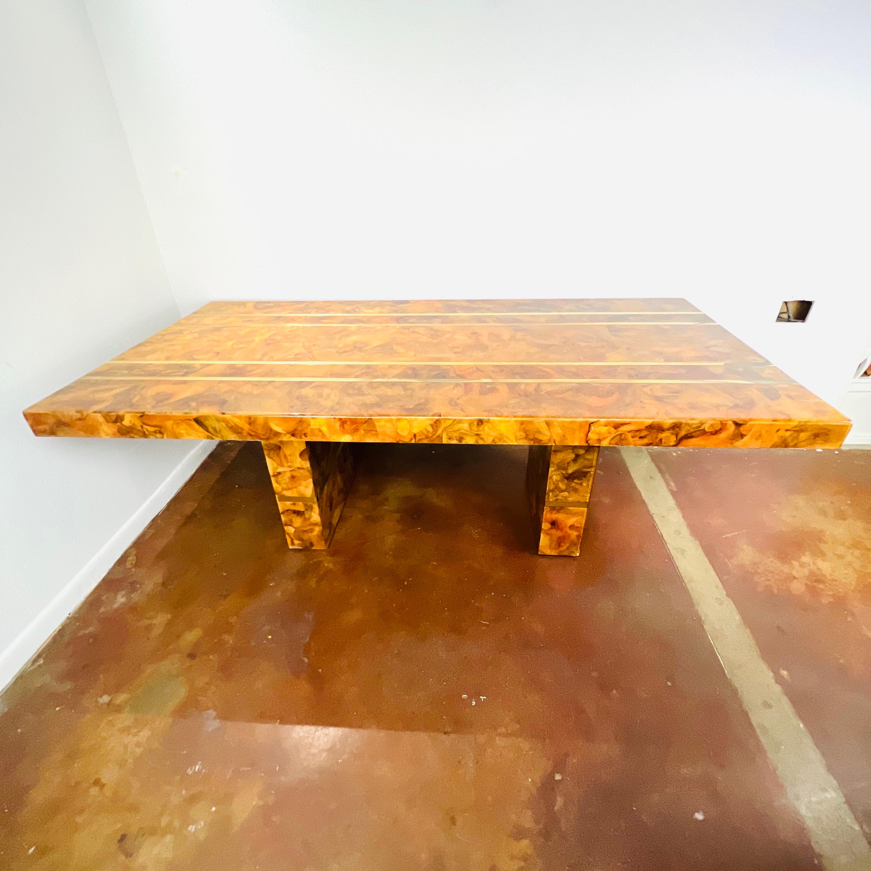 Custom Burl and Brass Double Pedestal Dining Table 1