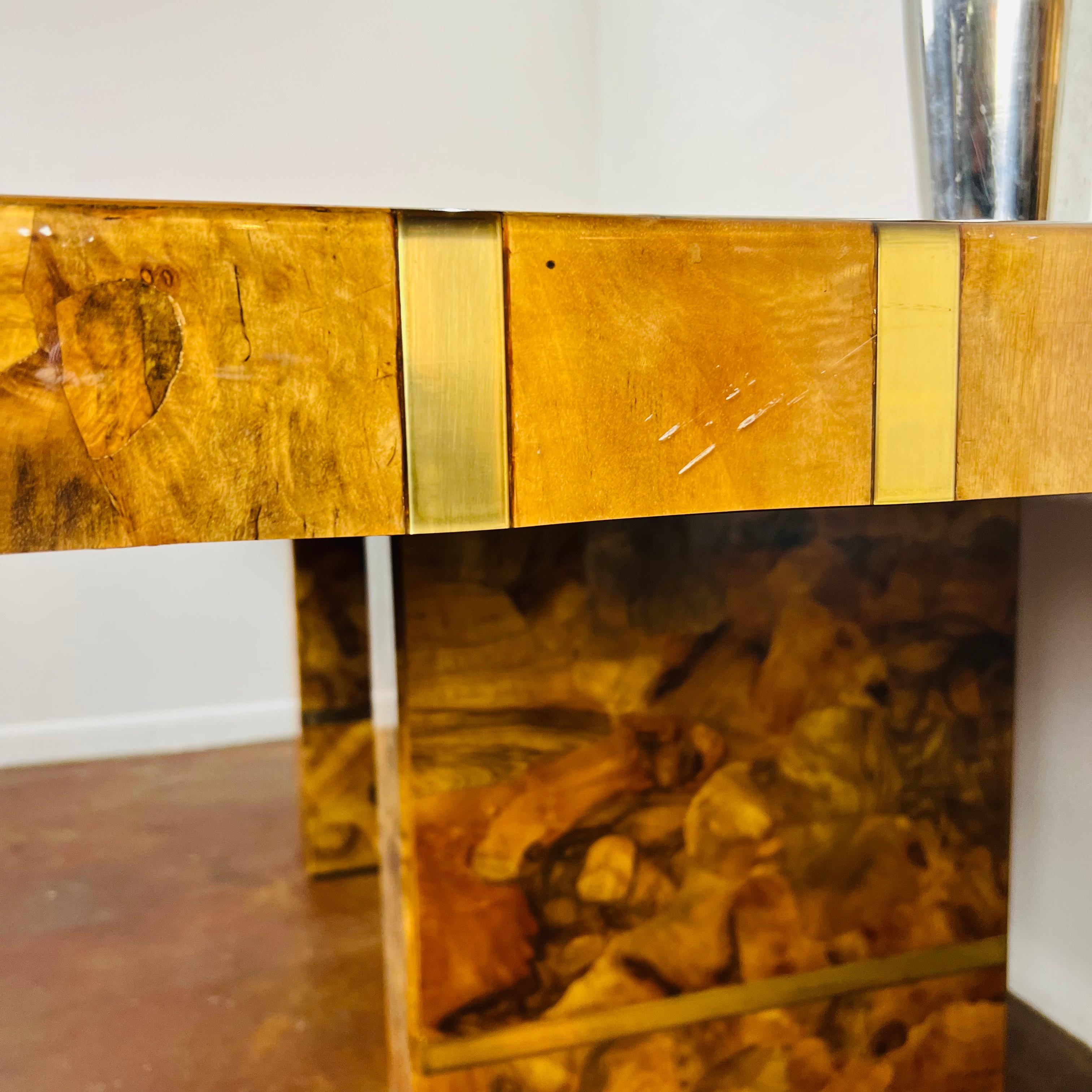Custom Burl and Brass Double Pedestal Dining Table 3