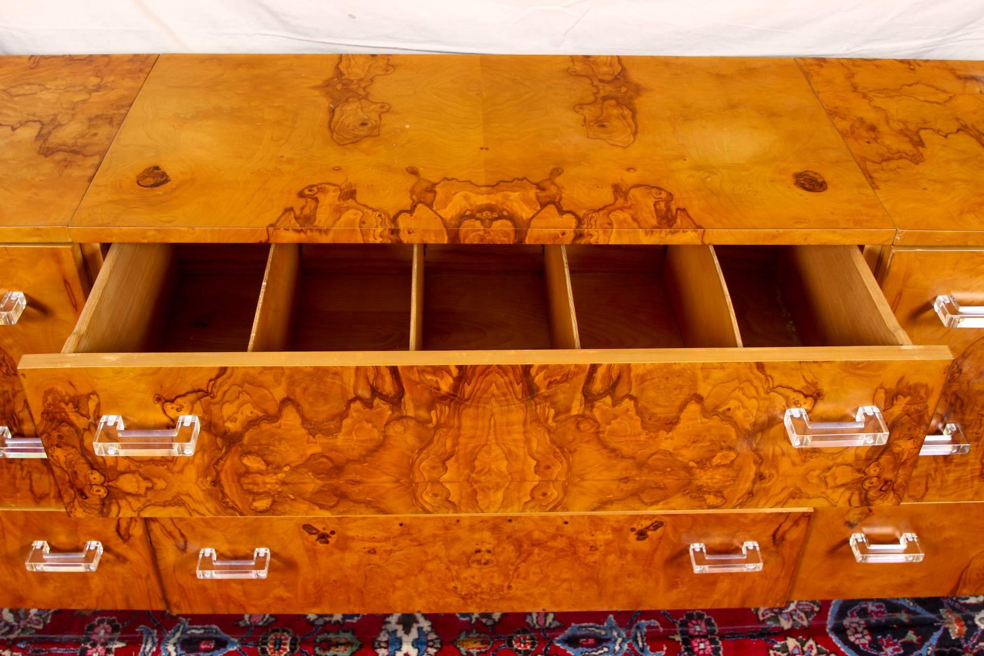Mid-Century Modern Custom Burl Wood Triple Sideboard or Dresser