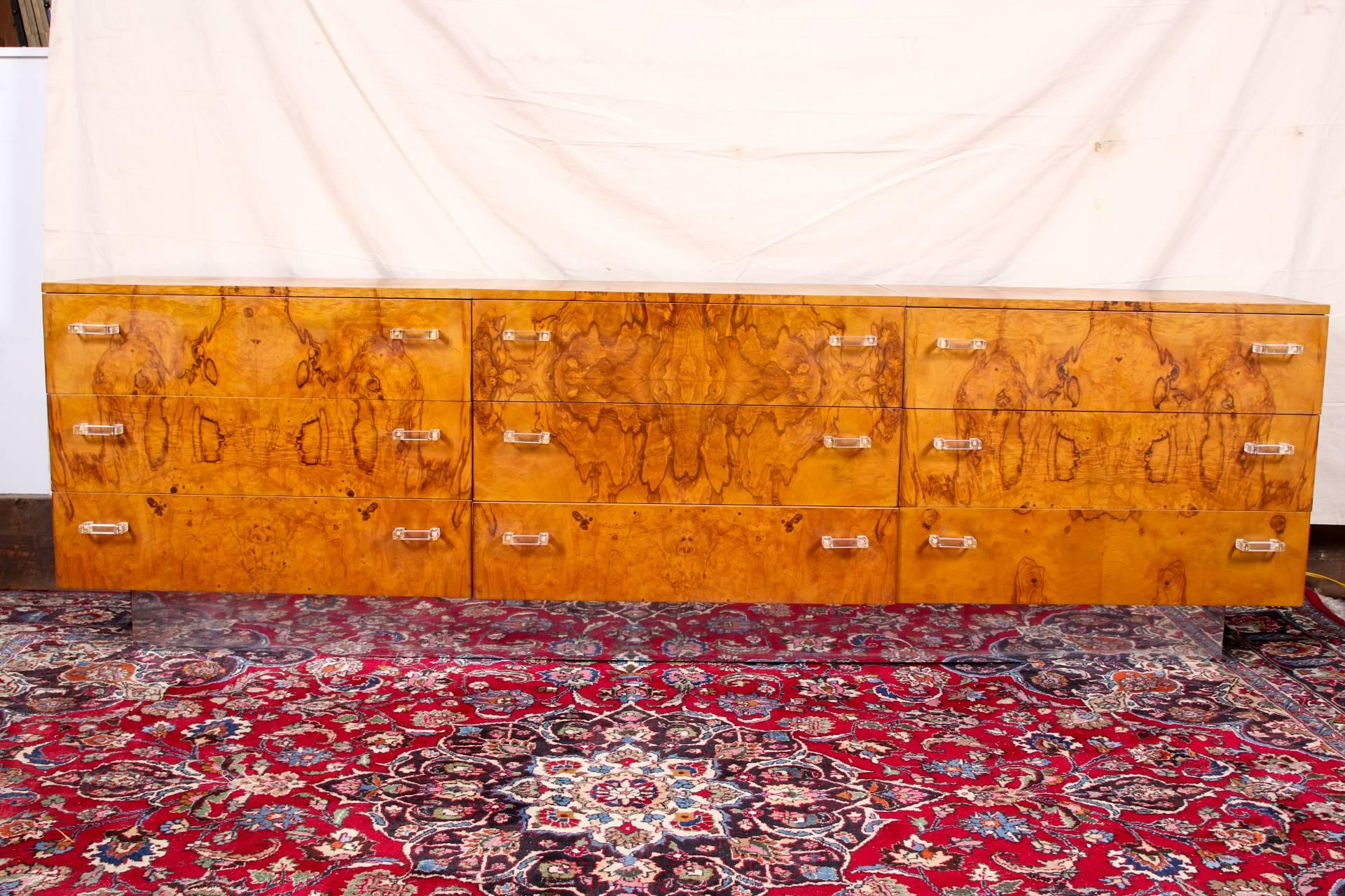 20th Century Custom Burl Wood Triple Sideboard or Dresser