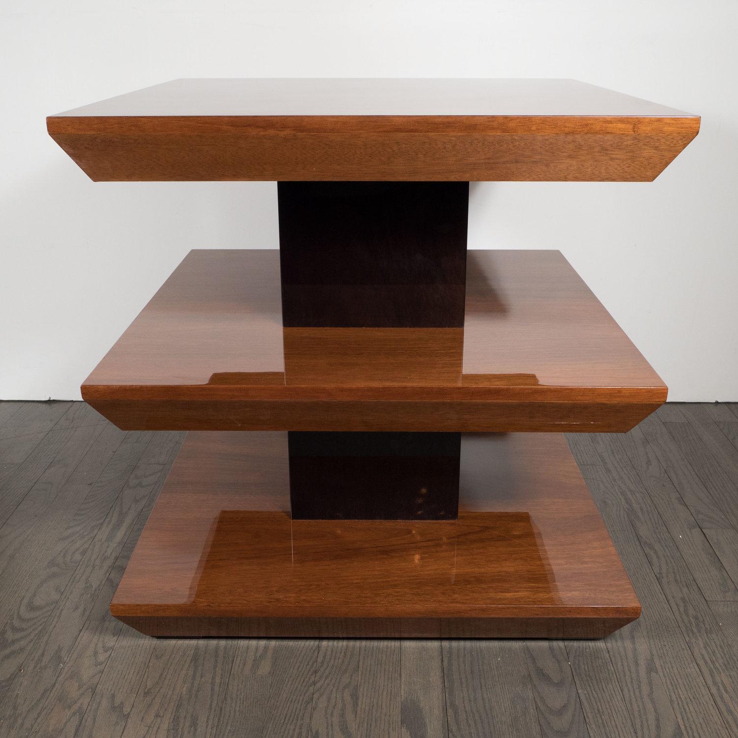 Contemporary Custom by High Style Deco 3-Tier Art Deco Style Table in Walnut & Black Lacquer For Sale