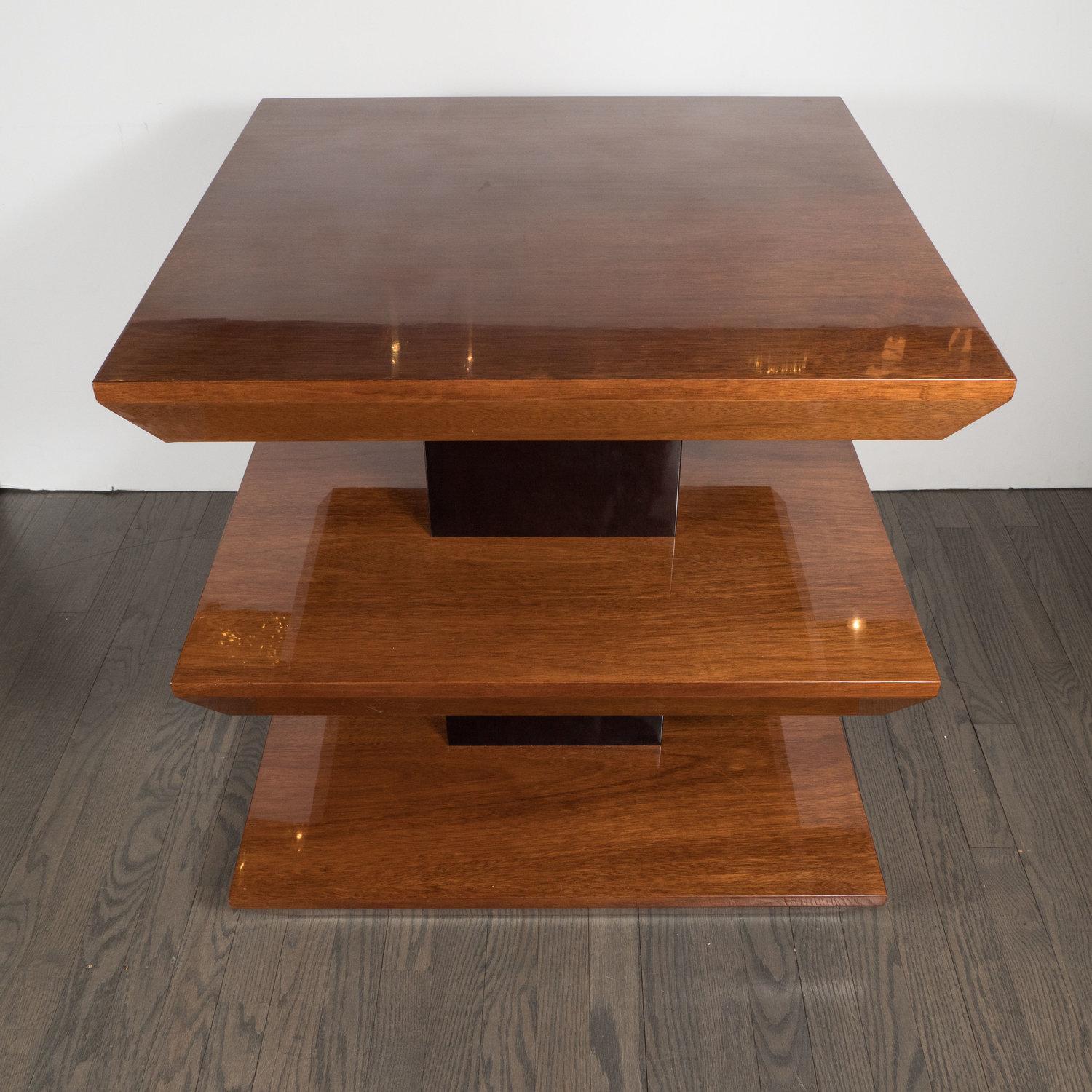 Custom by High Style Deco 3-Tier Art Deco Style Table in Walnut & Black Lacquer For Sale 1