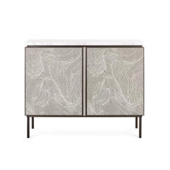 Custom Cabinet In Limed Oak And Patterned Fabric Doors, Calacatta Marble Top