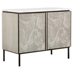 Custom Cabinet In Limed Oak And Patterned Fabric Doors, Calacatta Marble Top
