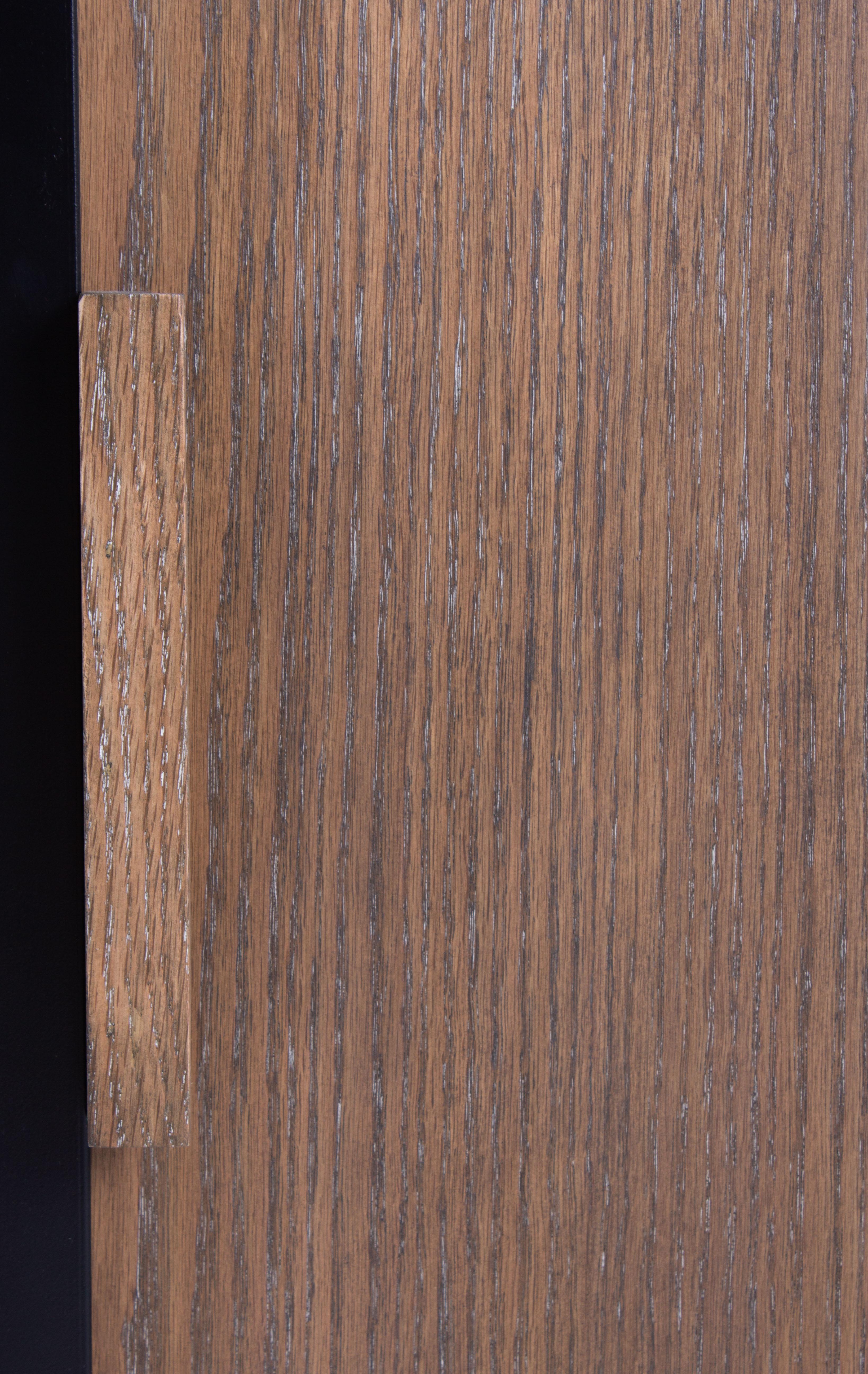 Modern Custom Cabinet Oak in Bali Finish Wood with Steel Trim Four Door, Two Shelves
