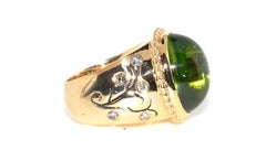 Custom Cabochon Peridot Ring in 14 Karat Yellow Gold and Diamonds