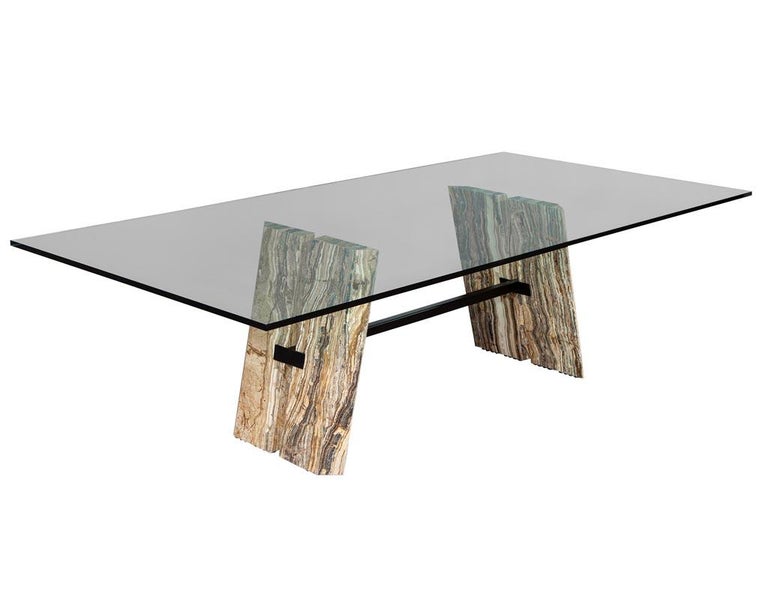 Custom Cantilever Stone Base Glass Top Dining Table at 1stDibs | stone table  bases for glass tops, glass top table with stone base, stone and glass dining  table