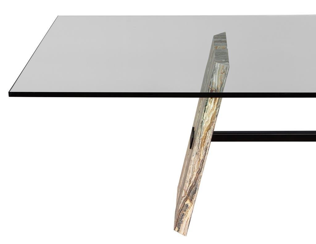 Contemporary Custom Cantilever Stone Base Glass Top Dining Table