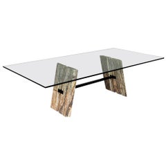 Table de salle à manger en porte-à-faux avec base en pierre et plateau en verre sur mesure