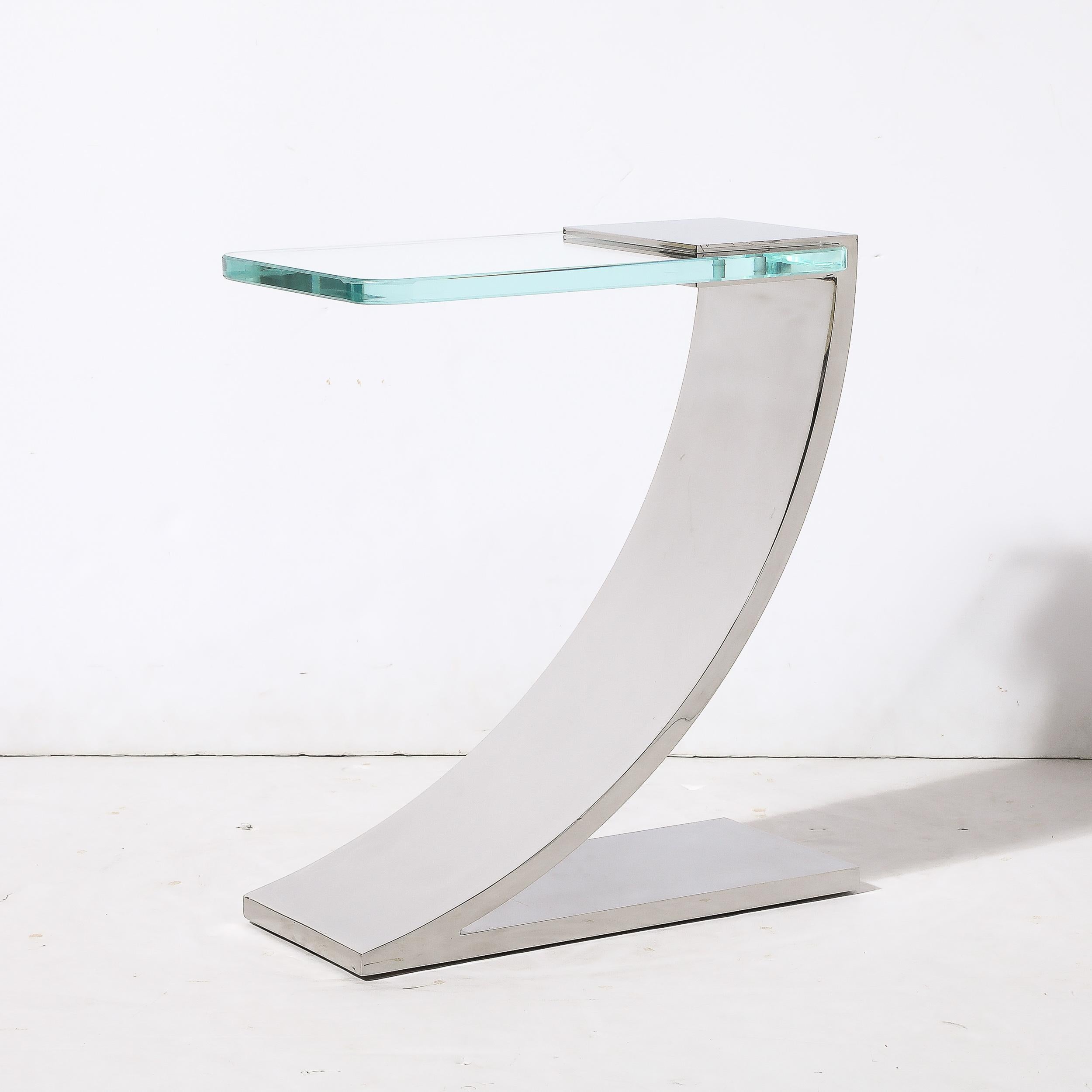 Modern Custom Cantilevered Side Table W/ Starfire Glass Top in Polished Nickel  For Sale