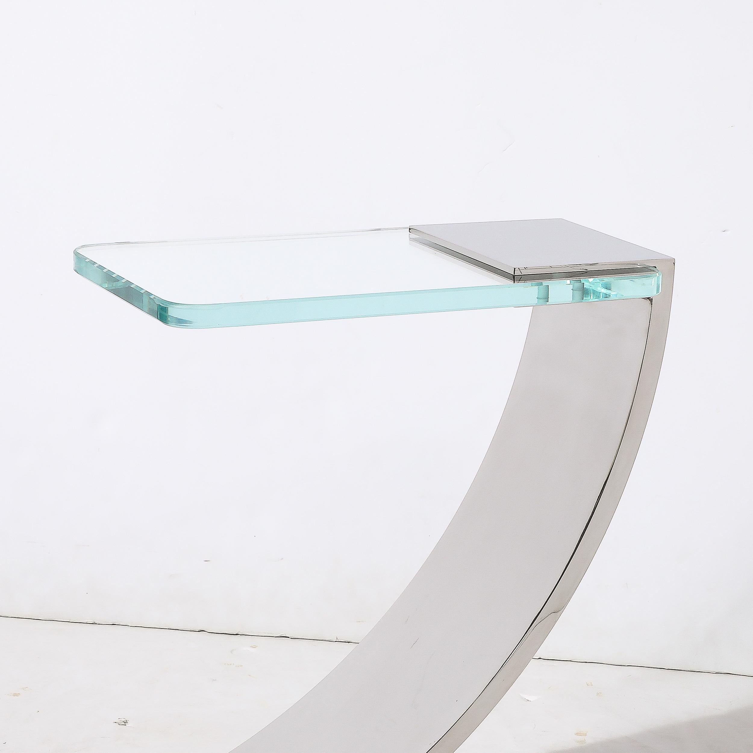 American Custom Cantilevered Side Table W/ Starfire Glass Top in Polished Nickel  For Sale