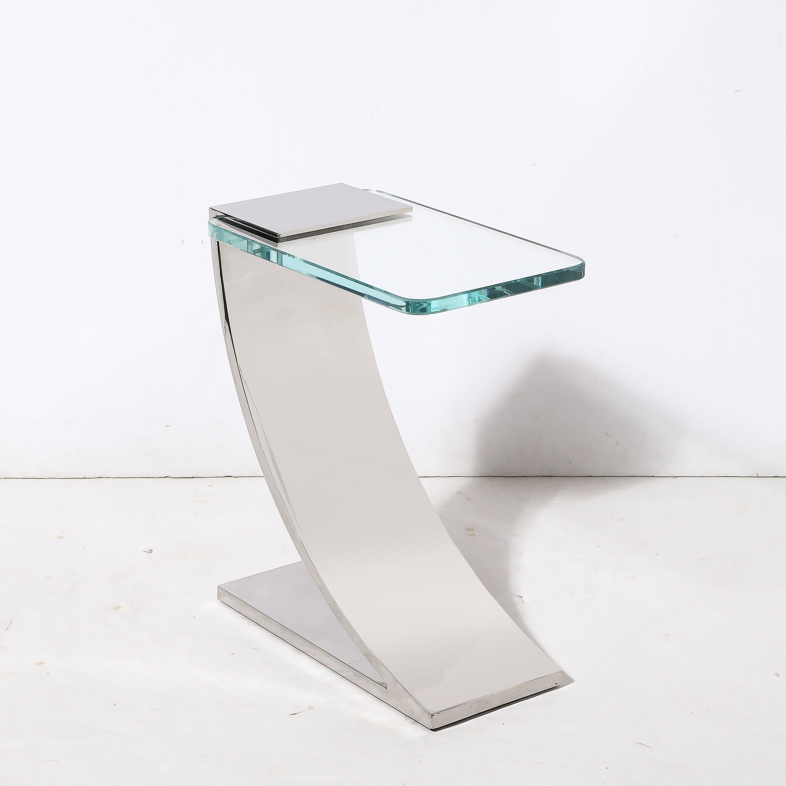 Custom Cantilevered Side Table W/ Starfire Glass Top in Polished Nickel  In New Condition For Sale In New York, NY