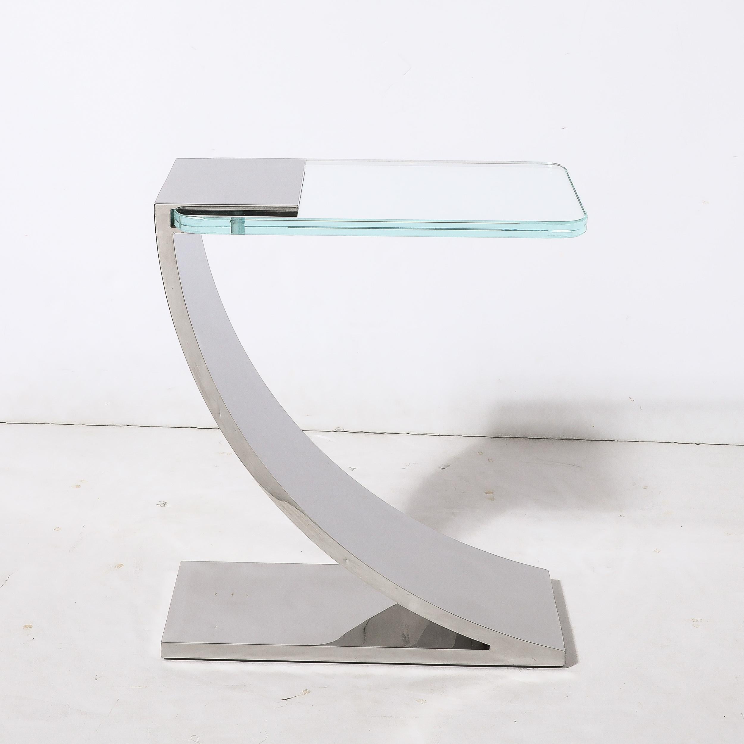 Contemporary Custom Cantilevered Side Table W/ Starfire Glass Top in Polished Nickel  For Sale