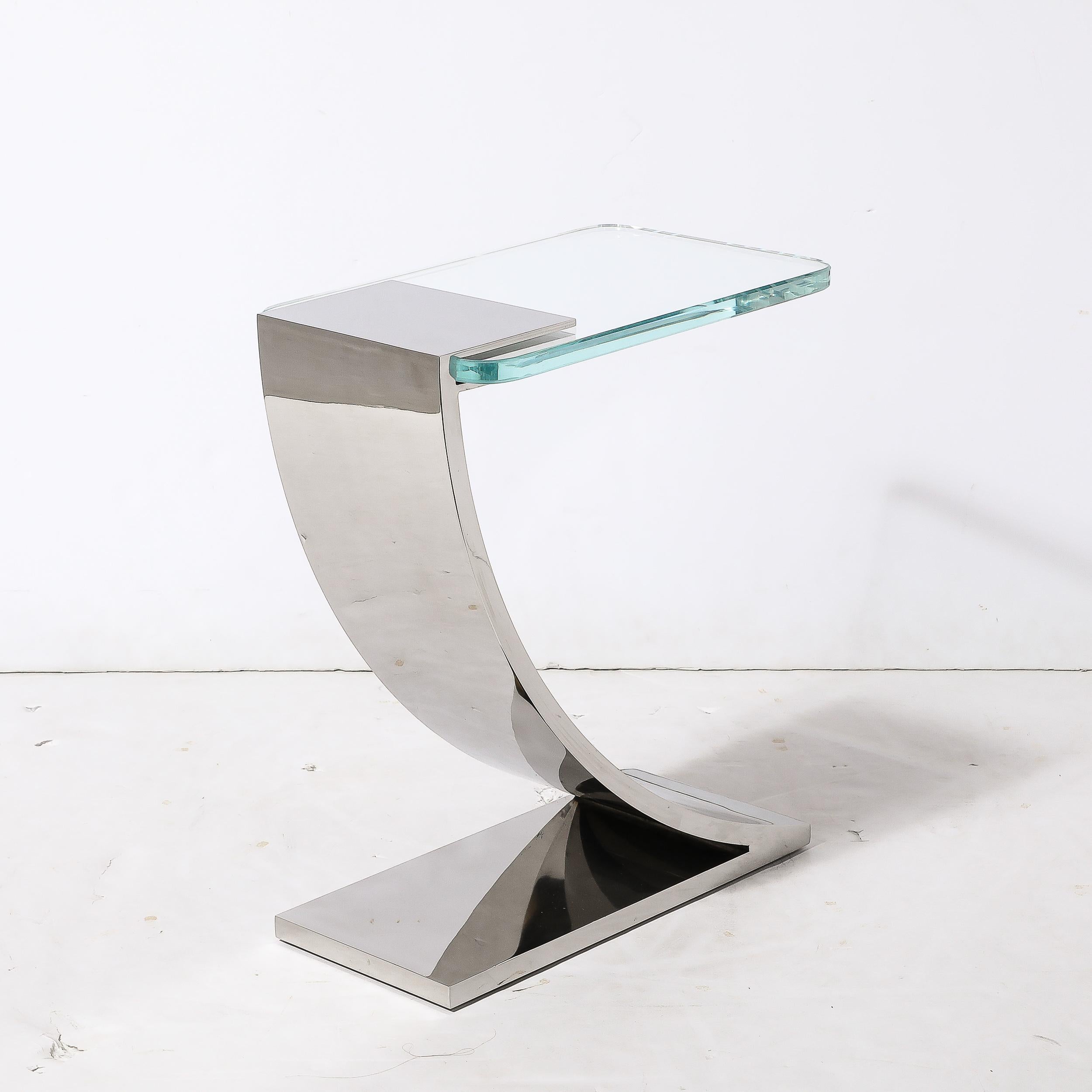 Custom Cantilevered Side Table W/ Starfire Glass Top in Polished Nickel  For Sale 1