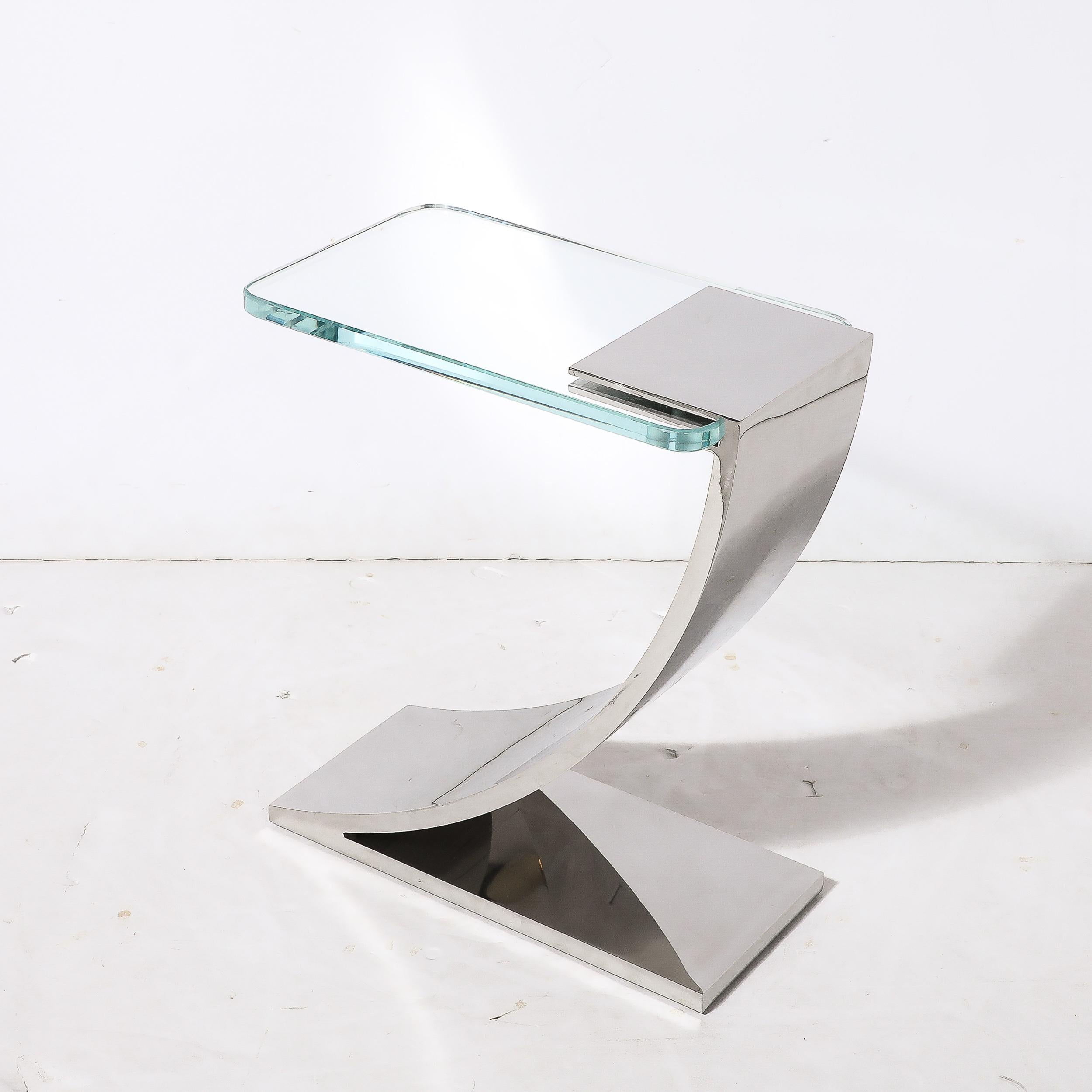 Custom Cantilevered Side Table W/ Starfire Glass Top in Polished Nickel  For Sale 2