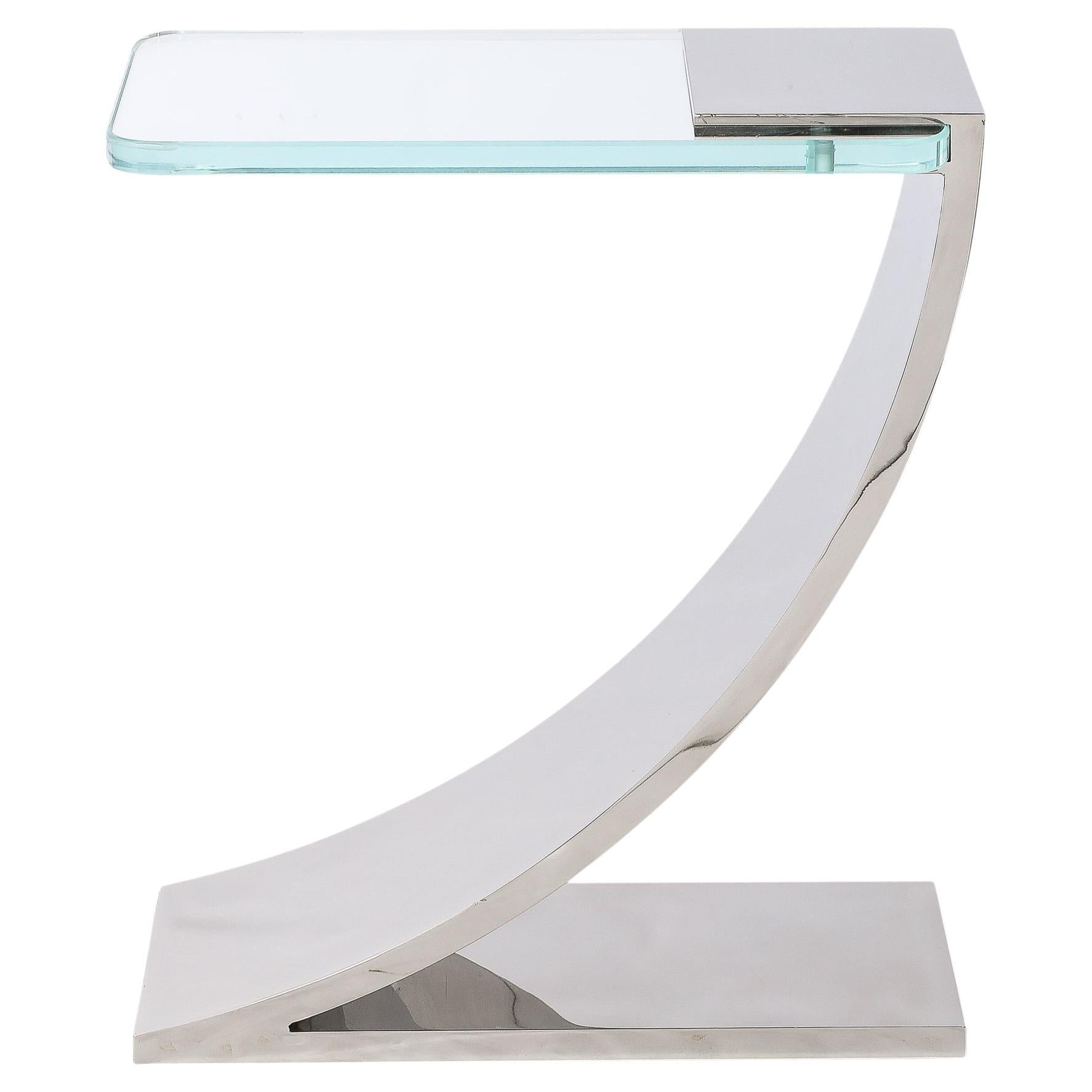 Custom Cantilevered Side Table W/ Starfire Glass Top in Polished Nickel  For Sale