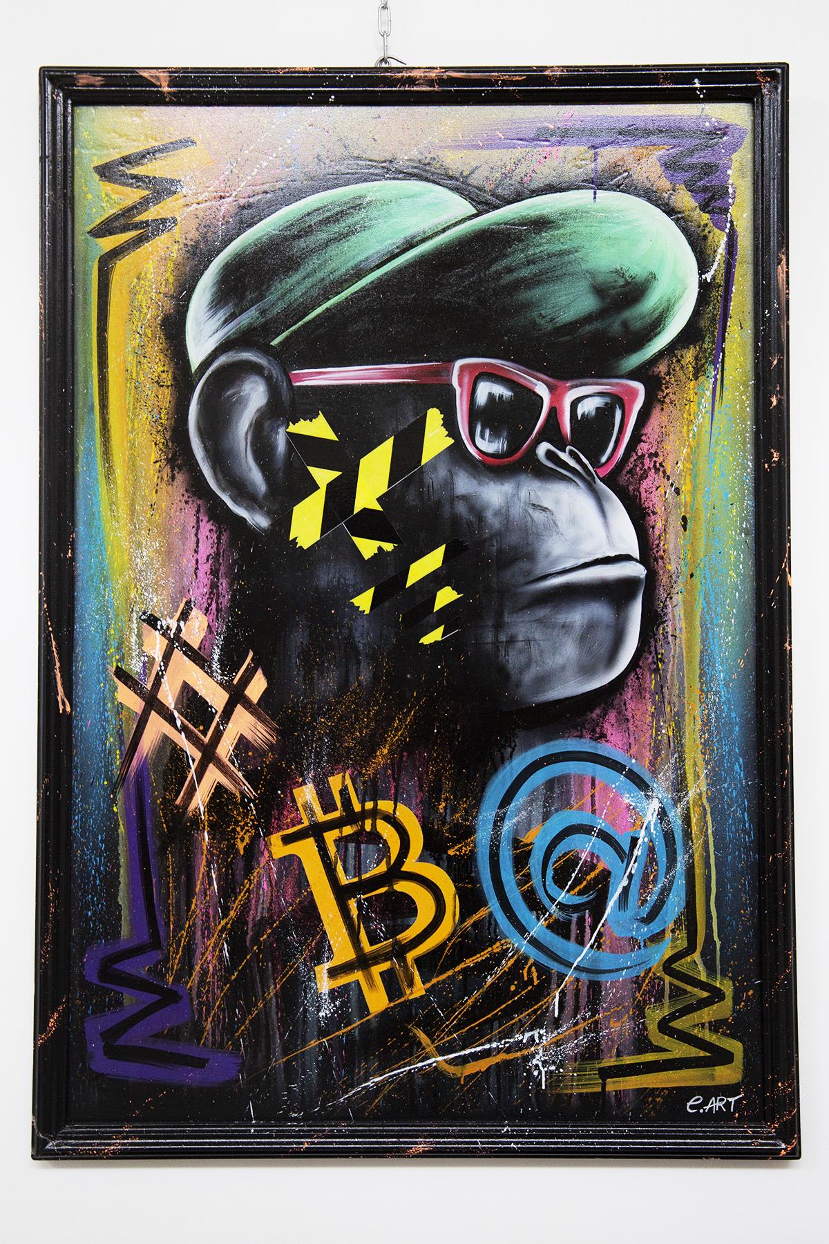Italian Custom Canvas Cool Ape and Bitcoin by E. Art for CB Lab For Sale