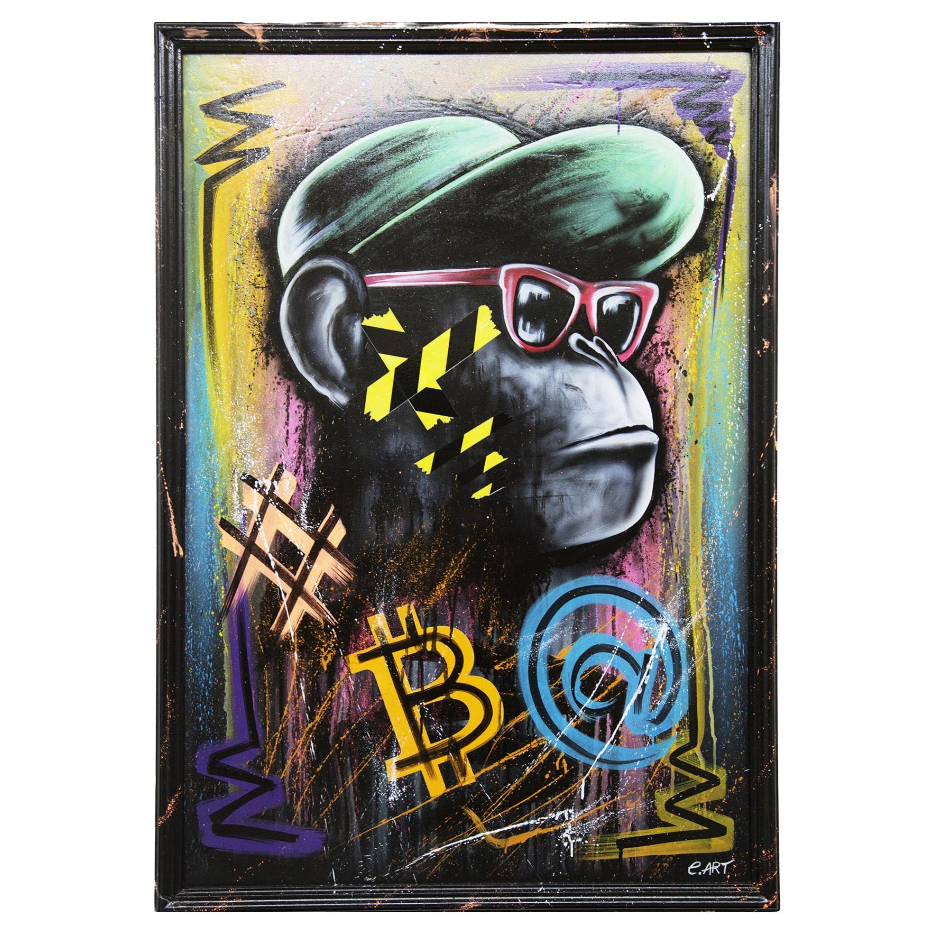 Custom Canvas Cool Ape and Bitcoin by E. Art for CB Lab For Sale