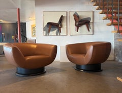 Custom Caramel Brown Leather Swivel Chairs, Large Scale, Pair