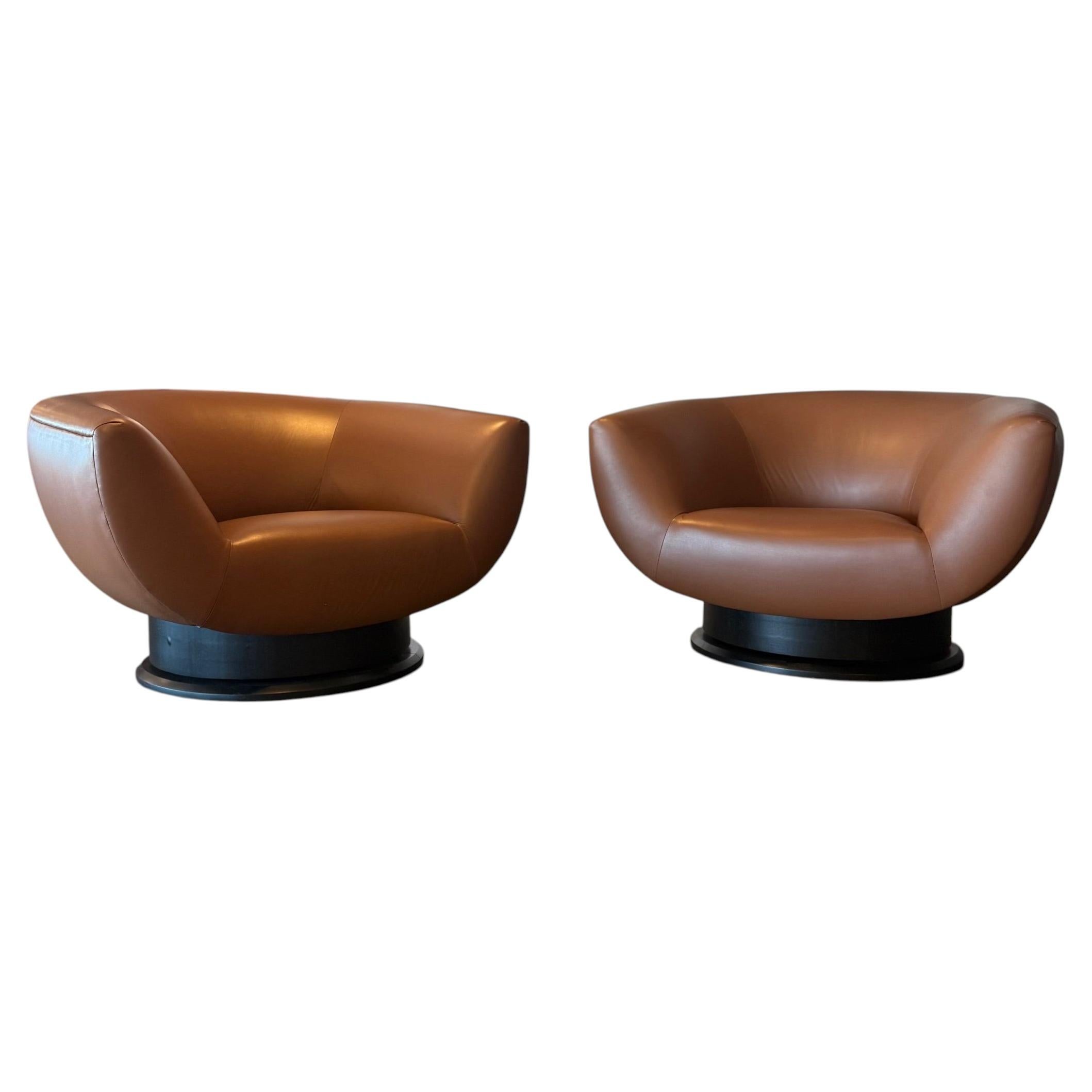 Custom Caramel Brown Leather Swivel Chairs, Large Scale, Pair