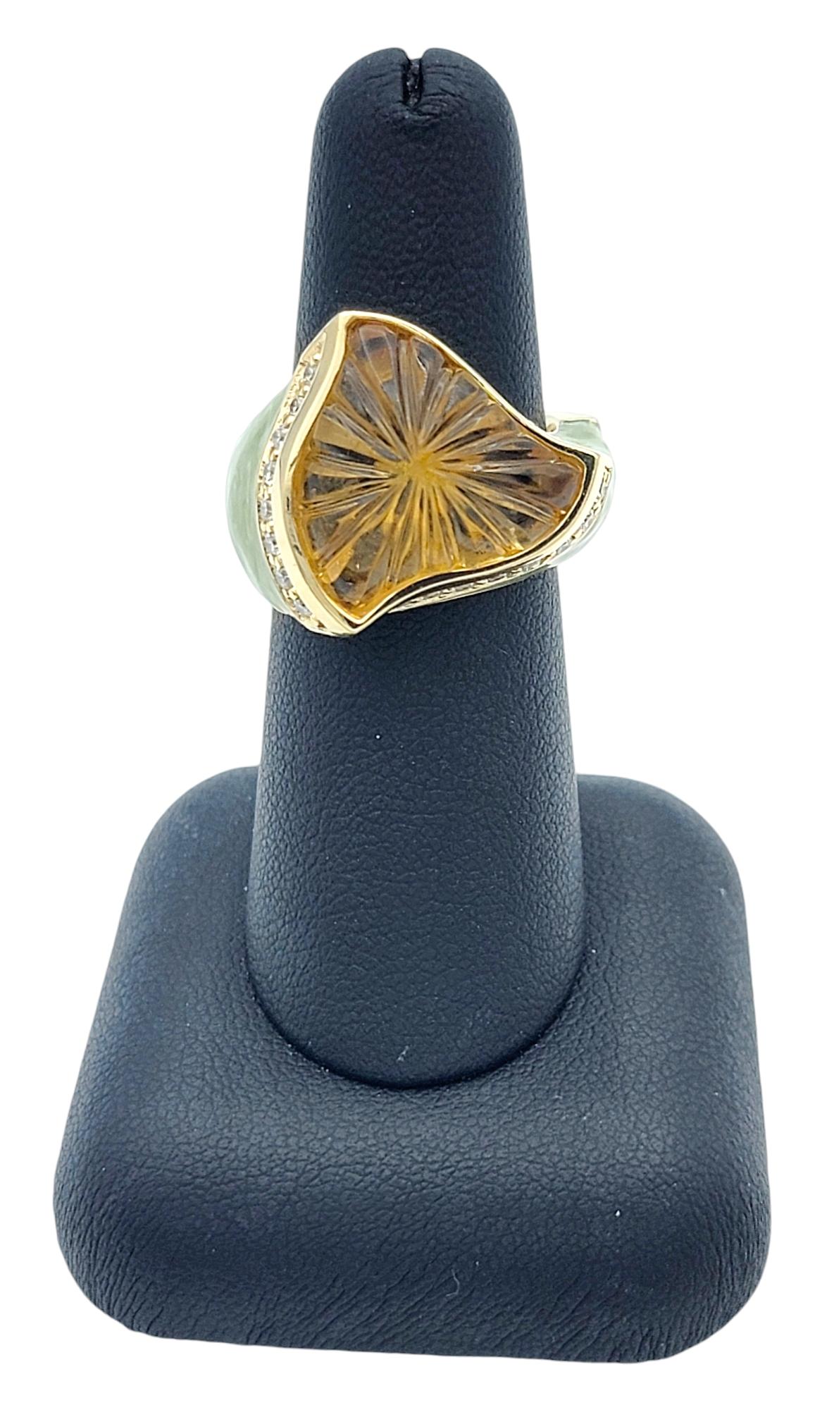Custom Carved Citrine, Diamond and Green Stone Ring in 14 Karat Yellow Gold For Sale 4