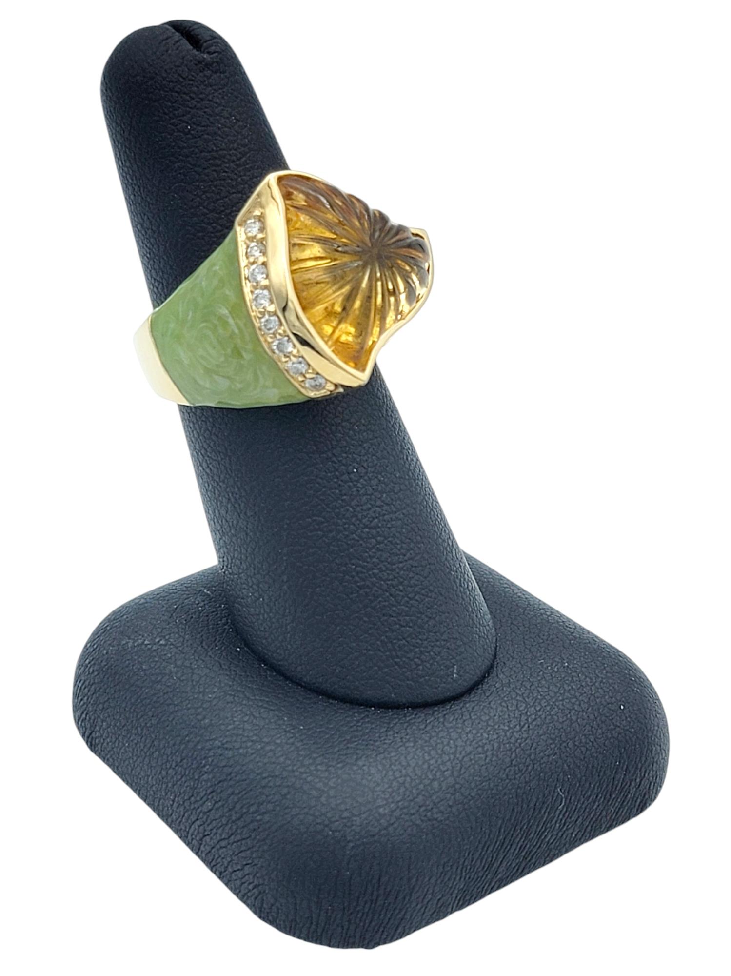 Custom Carved Citrine, Diamond and Green Stone Ring in 14 Karat Yellow Gold For Sale 5