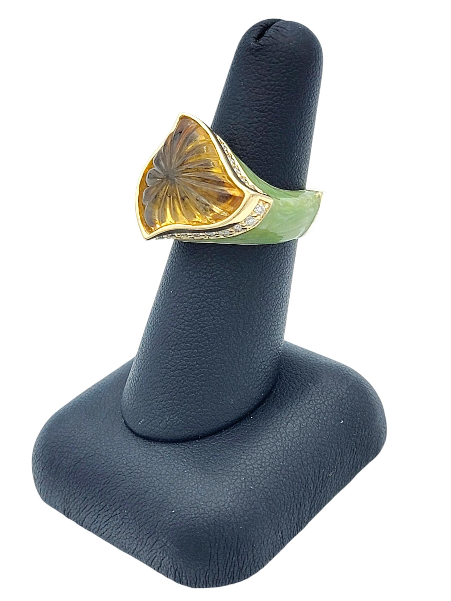 Custom Carved Citrine, Diamond and Green Stone Ring in 14 Karat Yellow Gold For Sale 6