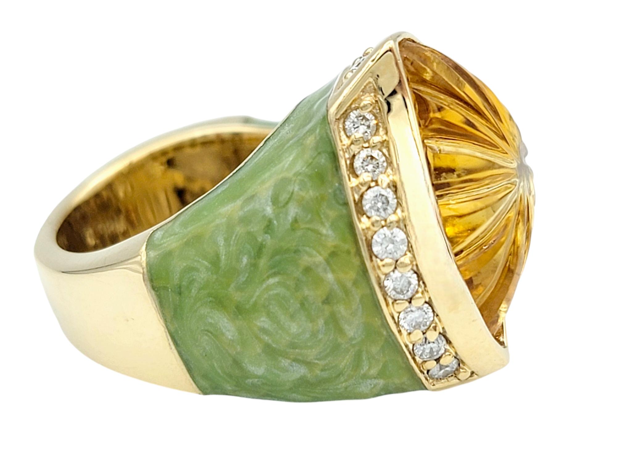 Contemporary Custom Carved Citrine, Diamond and Green Stone Ring in 14 Karat Yellow Gold For Sale