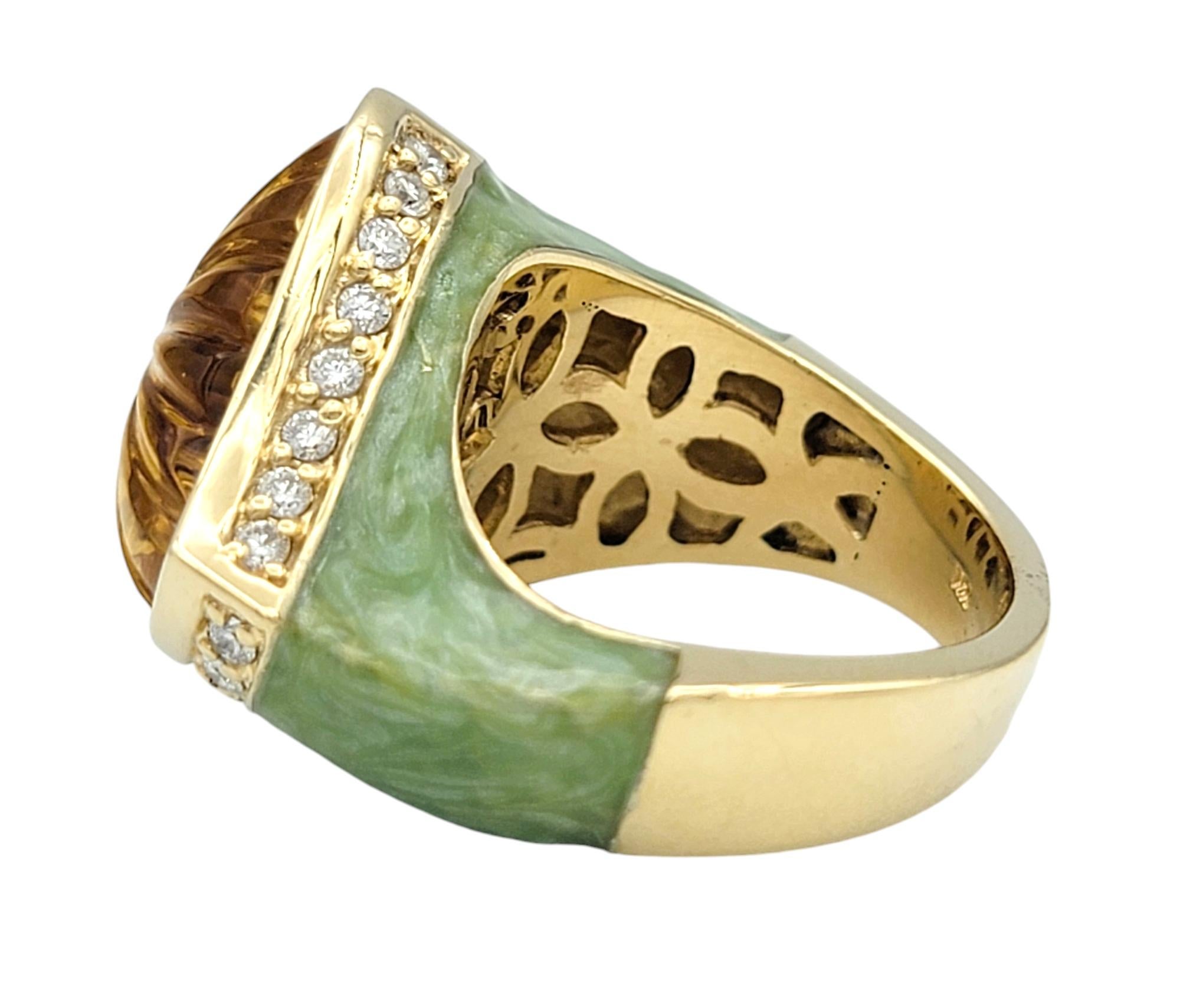 Custom Carved Citrine, Diamond and Green Stone Ring in 14 Karat Yellow Gold In Good Condition For Sale In Scottsdale, AZ