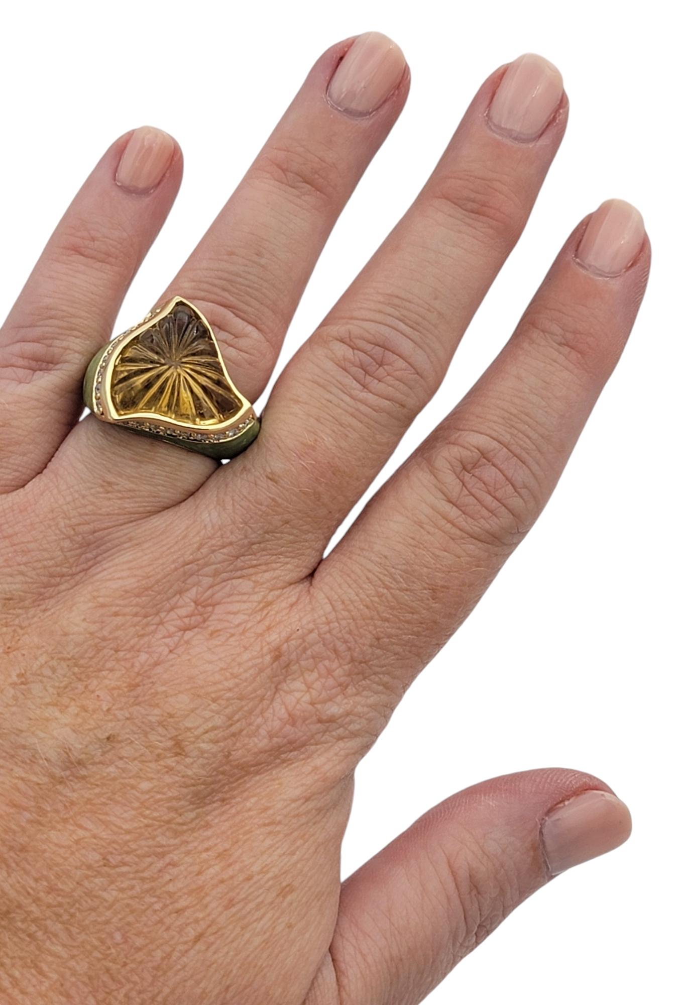 Custom Carved Citrine, Diamond and Green Stone Ring in 14 Karat Yellow Gold For Sale 2