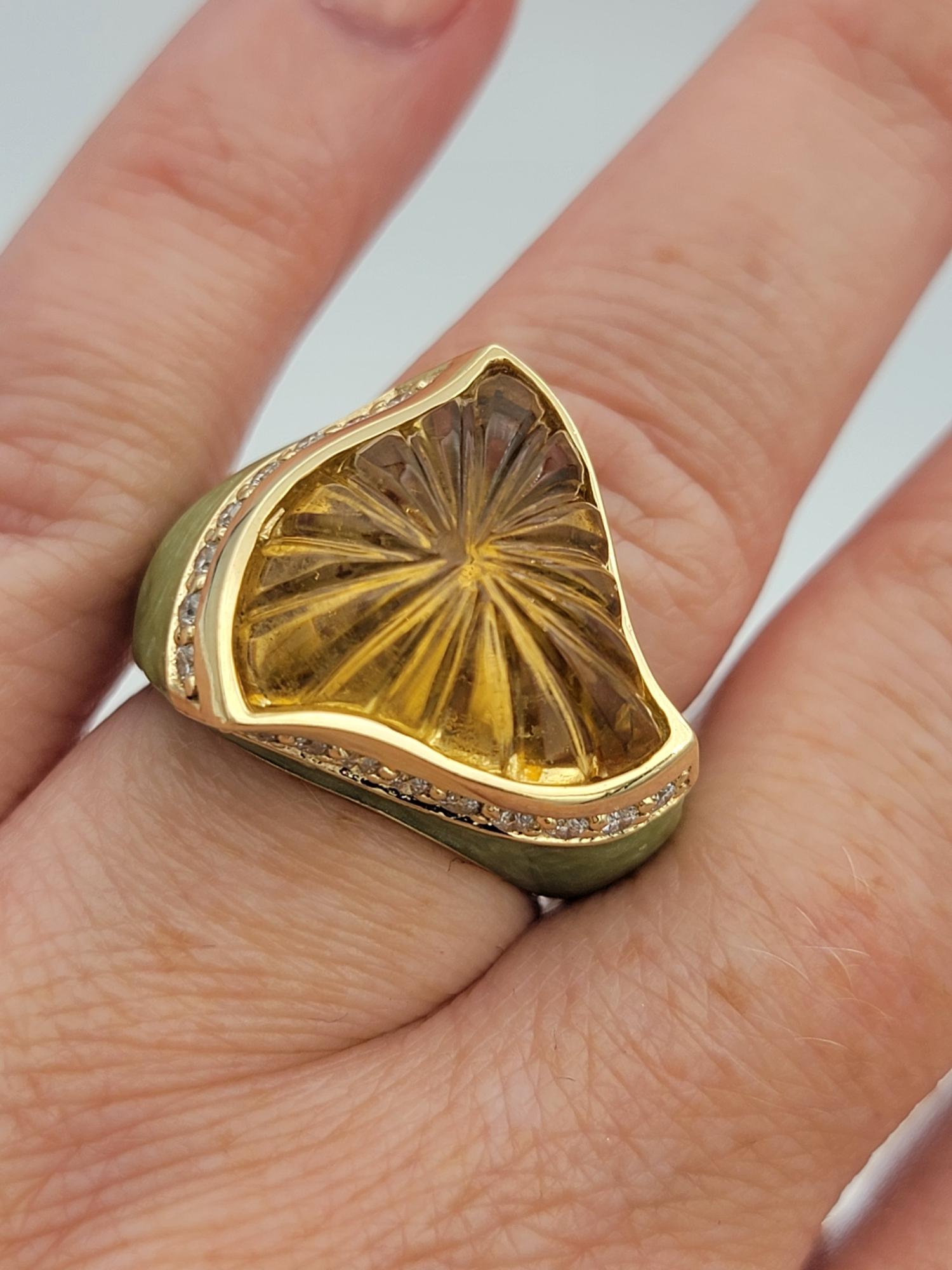 Custom Carved Citrine, Diamond and Green Stone Ring in 14 Karat Yellow Gold For Sale 3