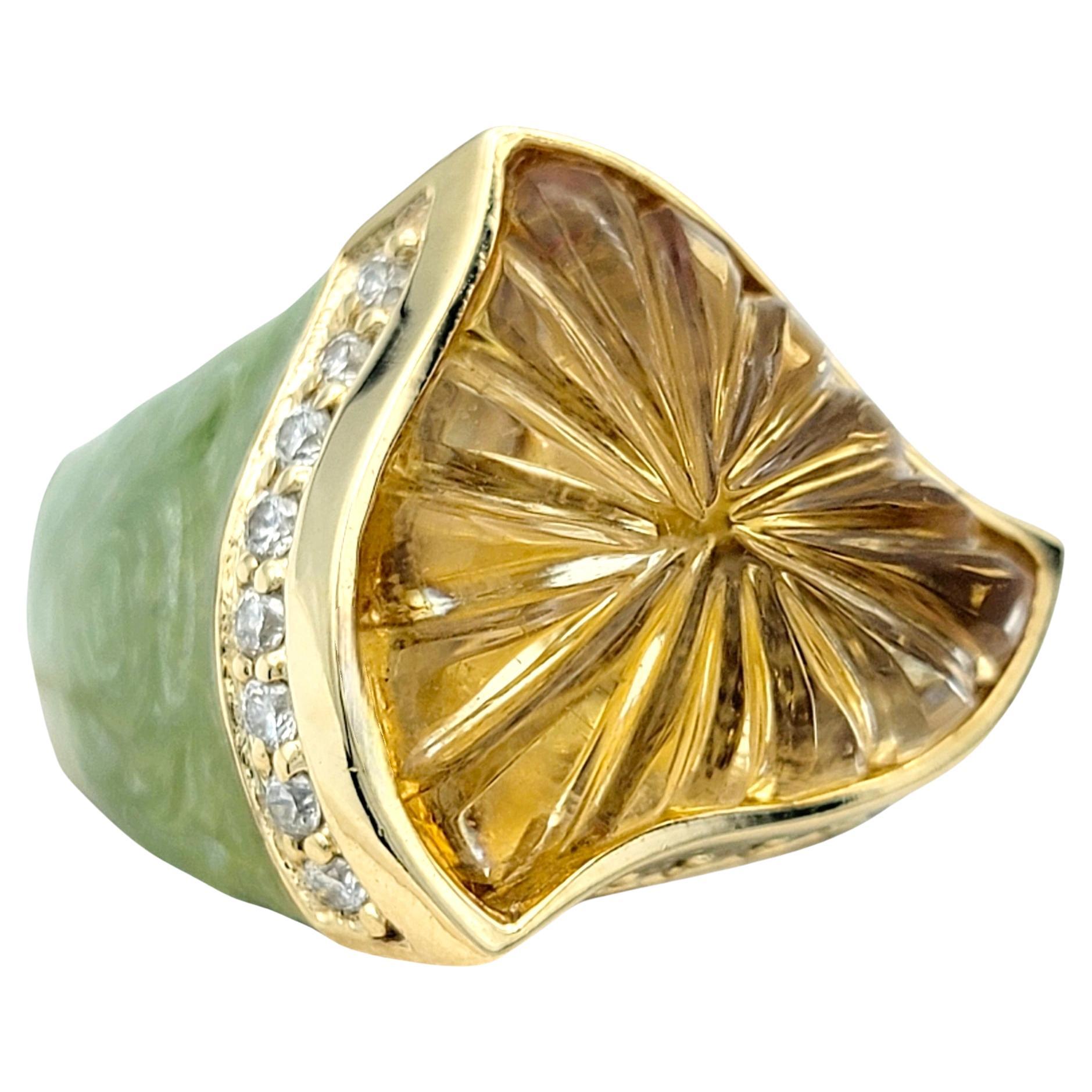 Custom Carved Citrine, Diamond and Green Stone Ring in 14 Karat Yellow Gold For Sale
