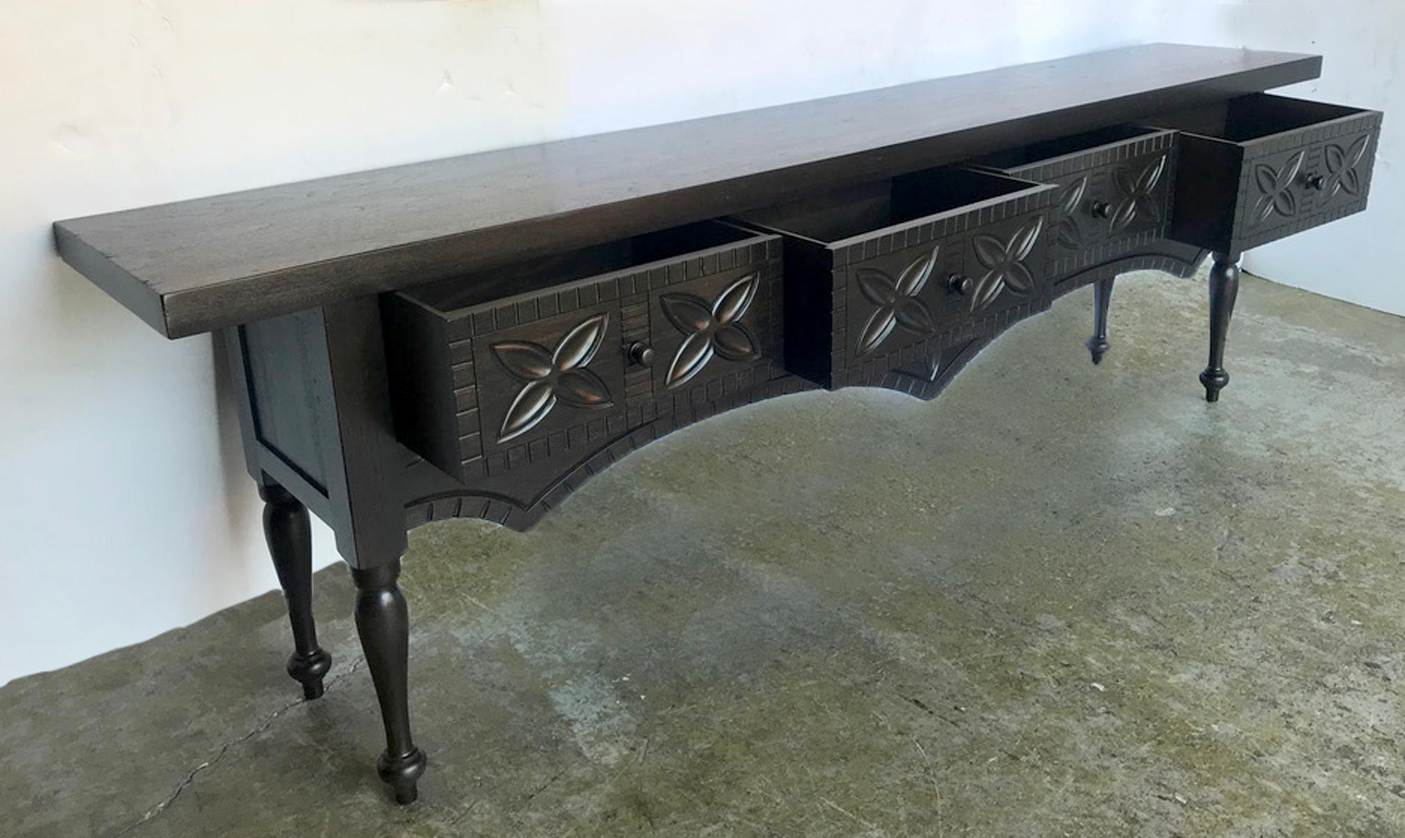 American Custom Carved Console with Drawers by Dos Gallos Studio For Sale