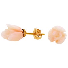 Custom Carved Natural Peach Coral Tulip Earring Studs in 14 Karat Yellow Gold