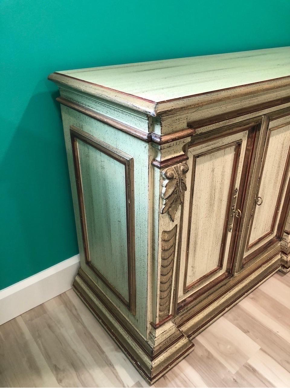 Extraordinary Vintage Century Credenza, Sideboard. Century Furniture Company shows little record of this piece in their archives, likely meaning this was a custom finished piece making it's replication impossible. Exceptional original hand painted