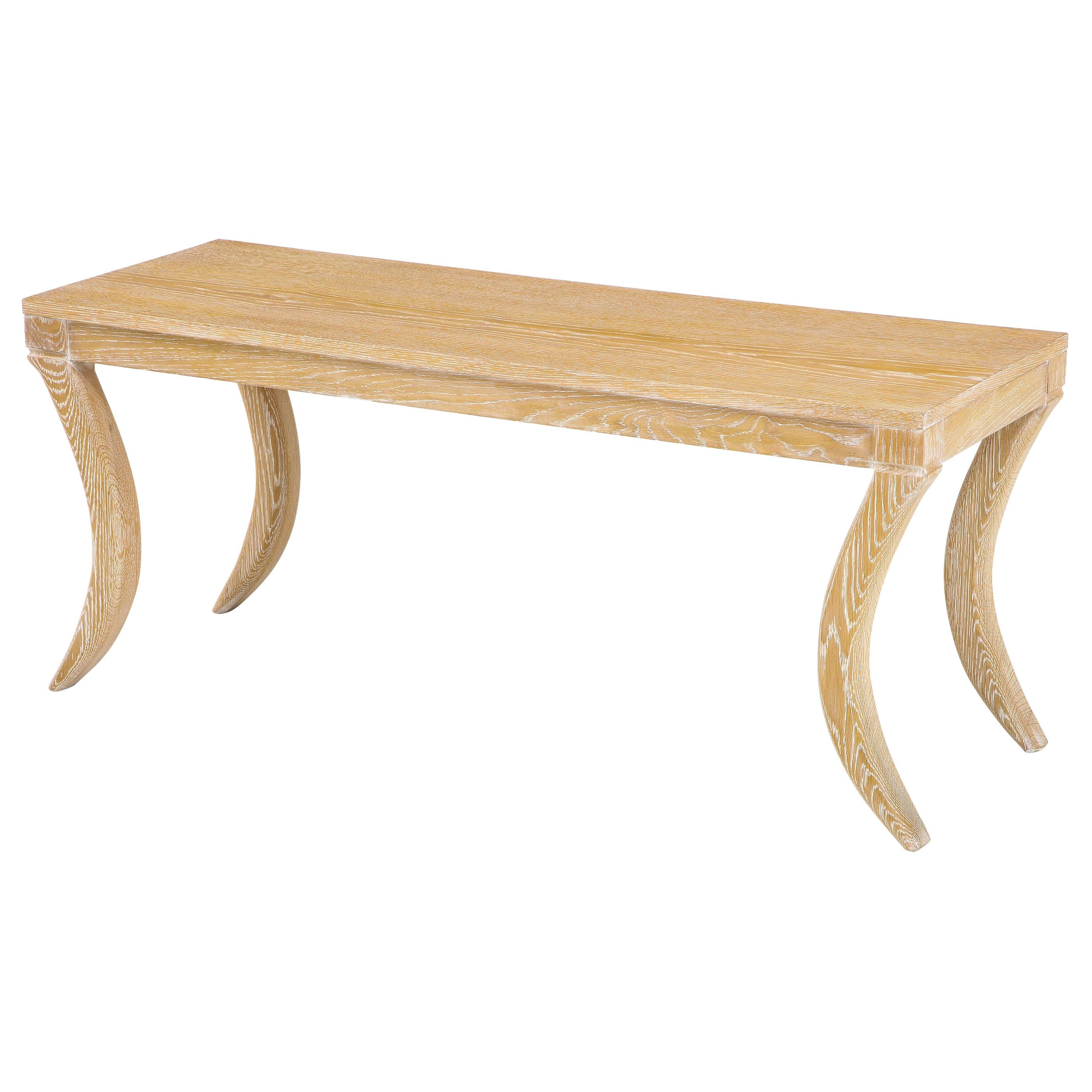 Custom Cerused Oak Bench/ Cocktail Table on Sabre Legs For Sale