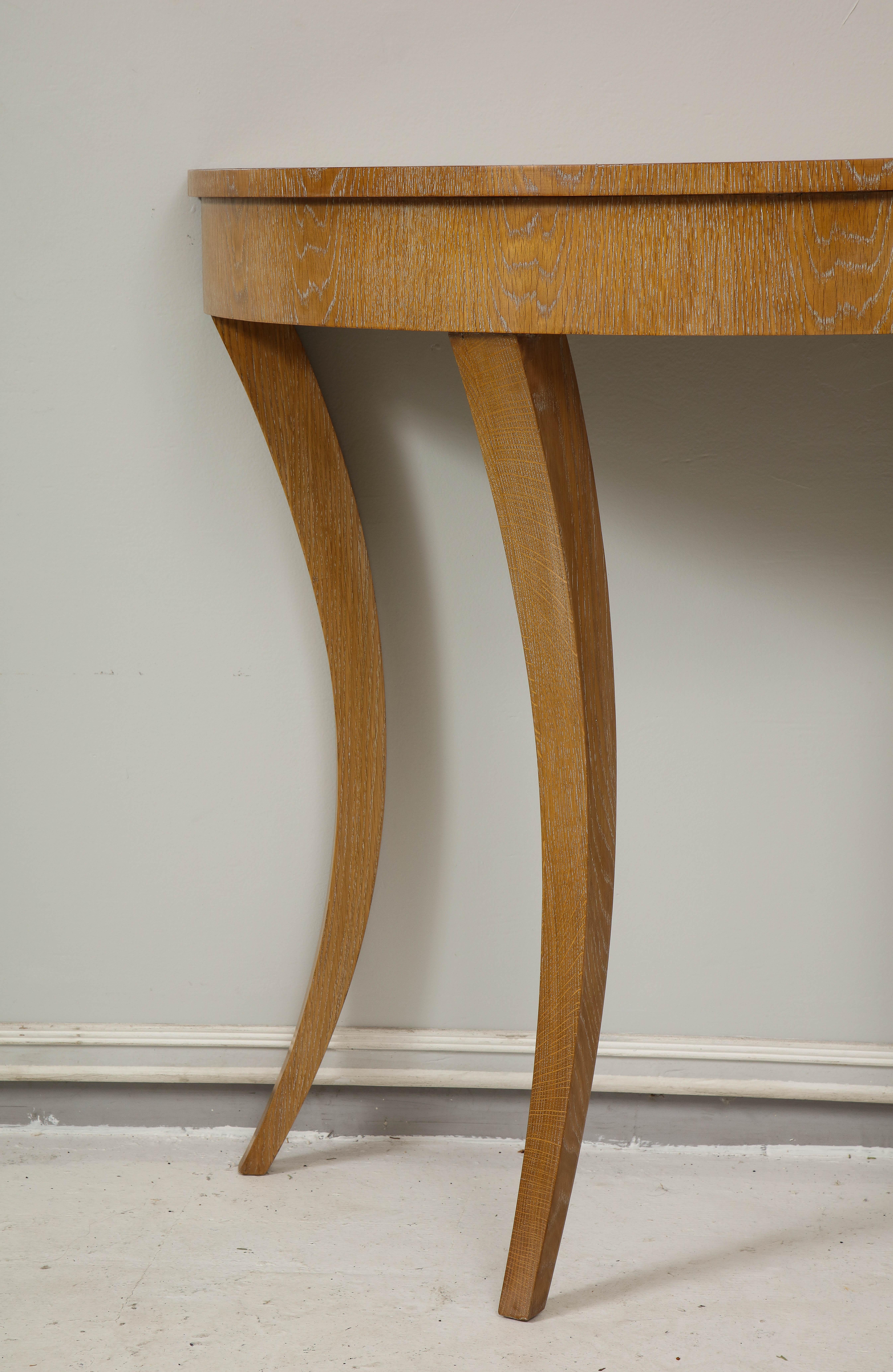 North American Custom Cerused Oak Bobo Demilune Console on Splayed Tapered Legs For Sale