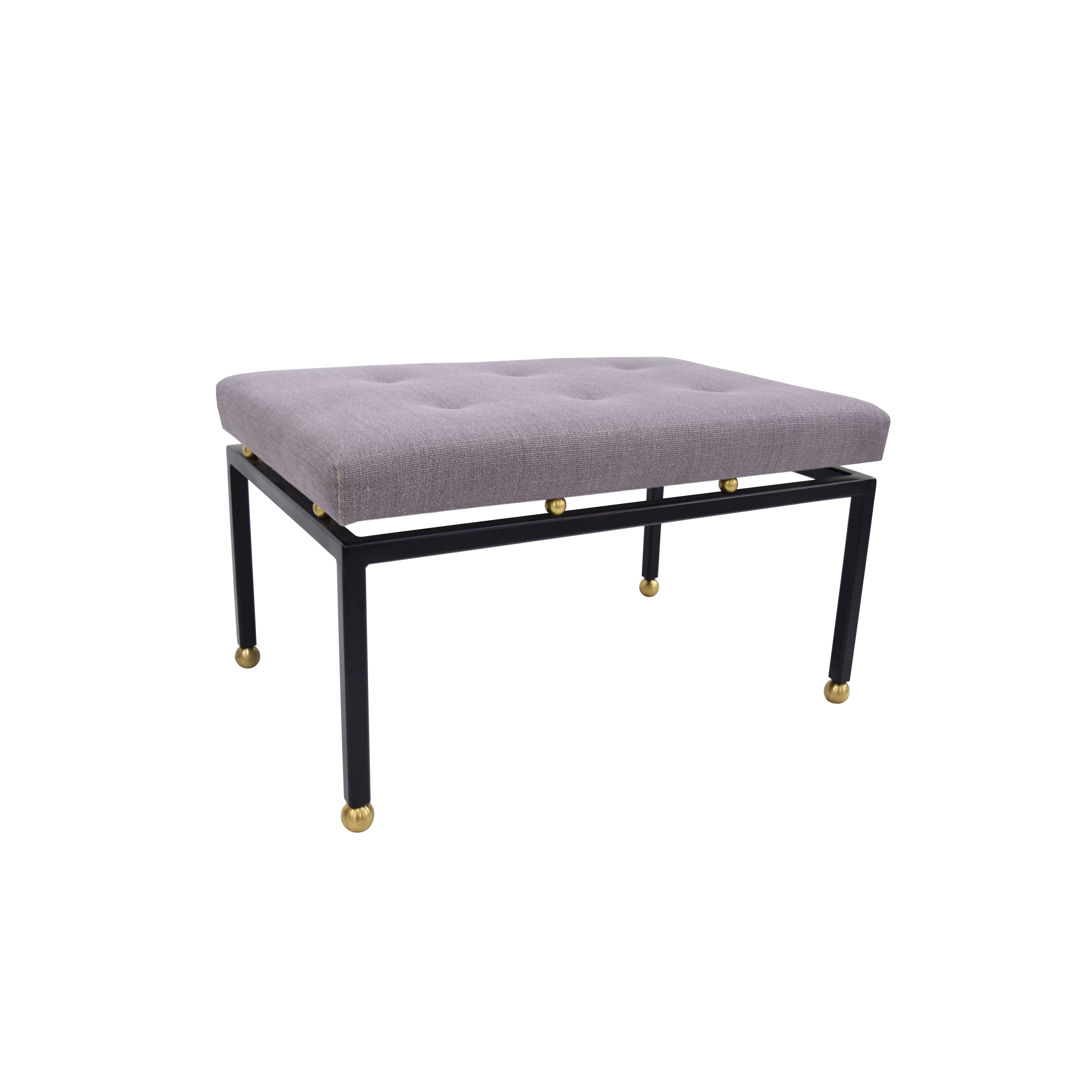 Fabulous brass ball foot bench designed by Irwin Feld Design for CF Modern.  The button tufted cantilevered tops also floats over the gleaming brass finials for extra elegance.
The Ball Foot Benches are available in custom sizes, frame colors, COM