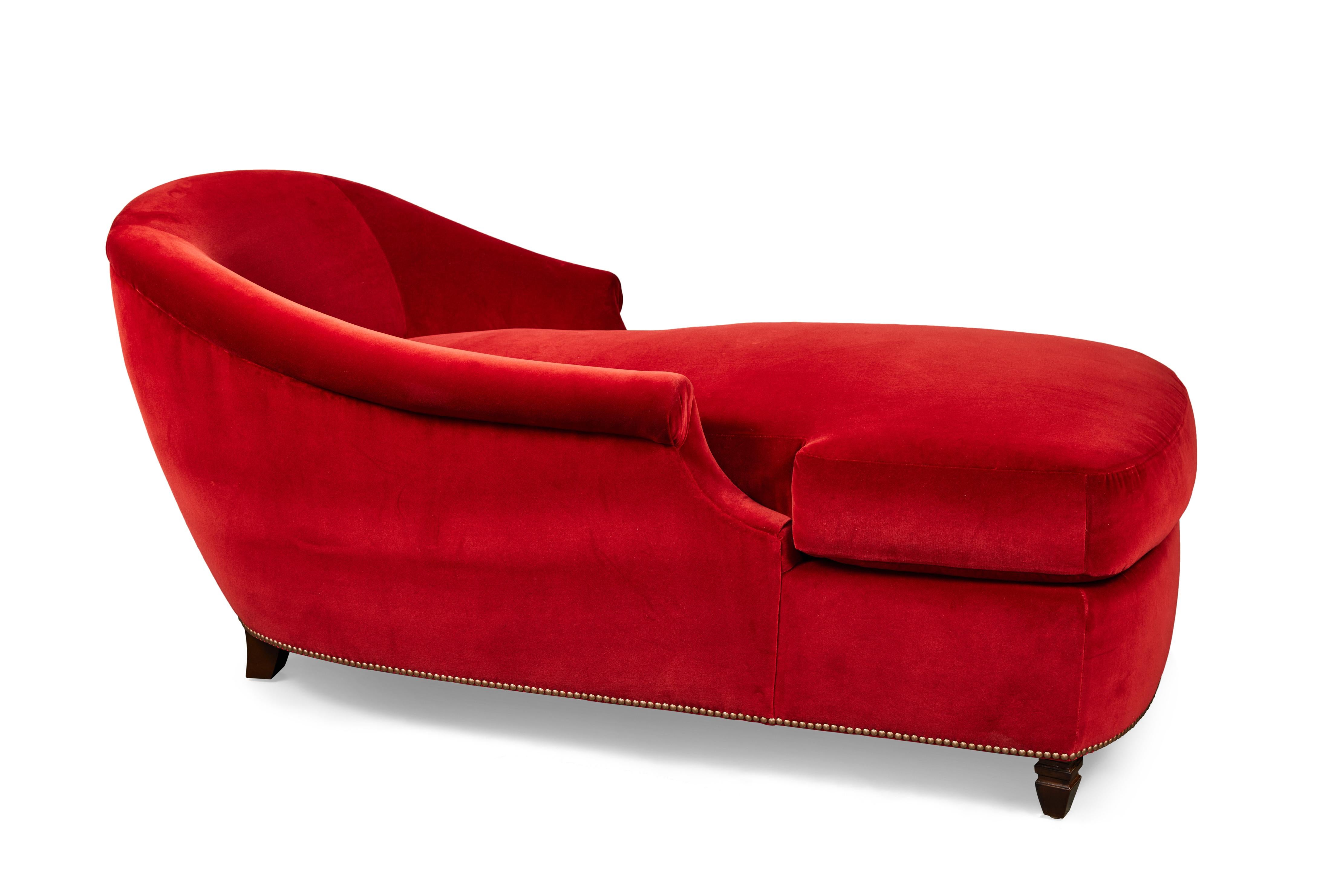 Wood Custom Chaise Lounge Upholstered in Belgian Cotton Velvet