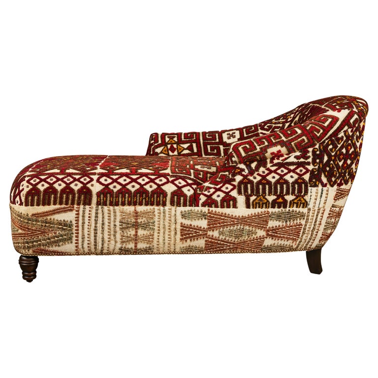 Custom Chaise Lounge Upholstered w/ Antique Handwoven Rug at 1stDibs