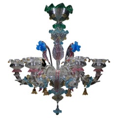 Custom Chandelier 5 Arms Crystal and Gold, Multicolored Details by Multiforme