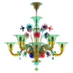 Custom chandelier 8 lights amber-green glass, polychrome details by Multiforme