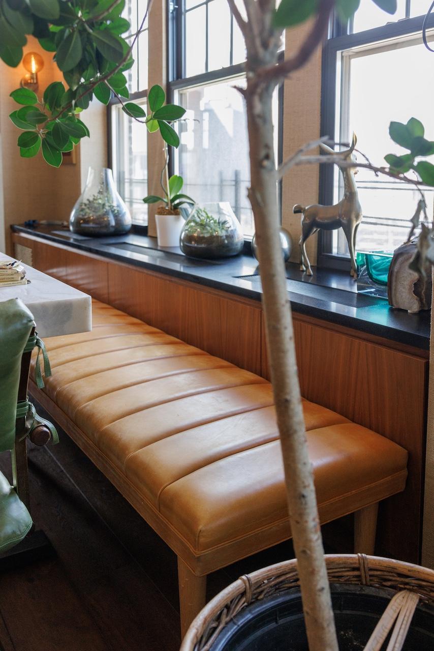 Upholstered in luxury leather with mid-century stylings, this custom-made for Andy Cohen bench by Edelman is a remarkable addition to any dining table, foyer, or sitting room. 

The foremost creator of leather for interiors, Edelman was founded in