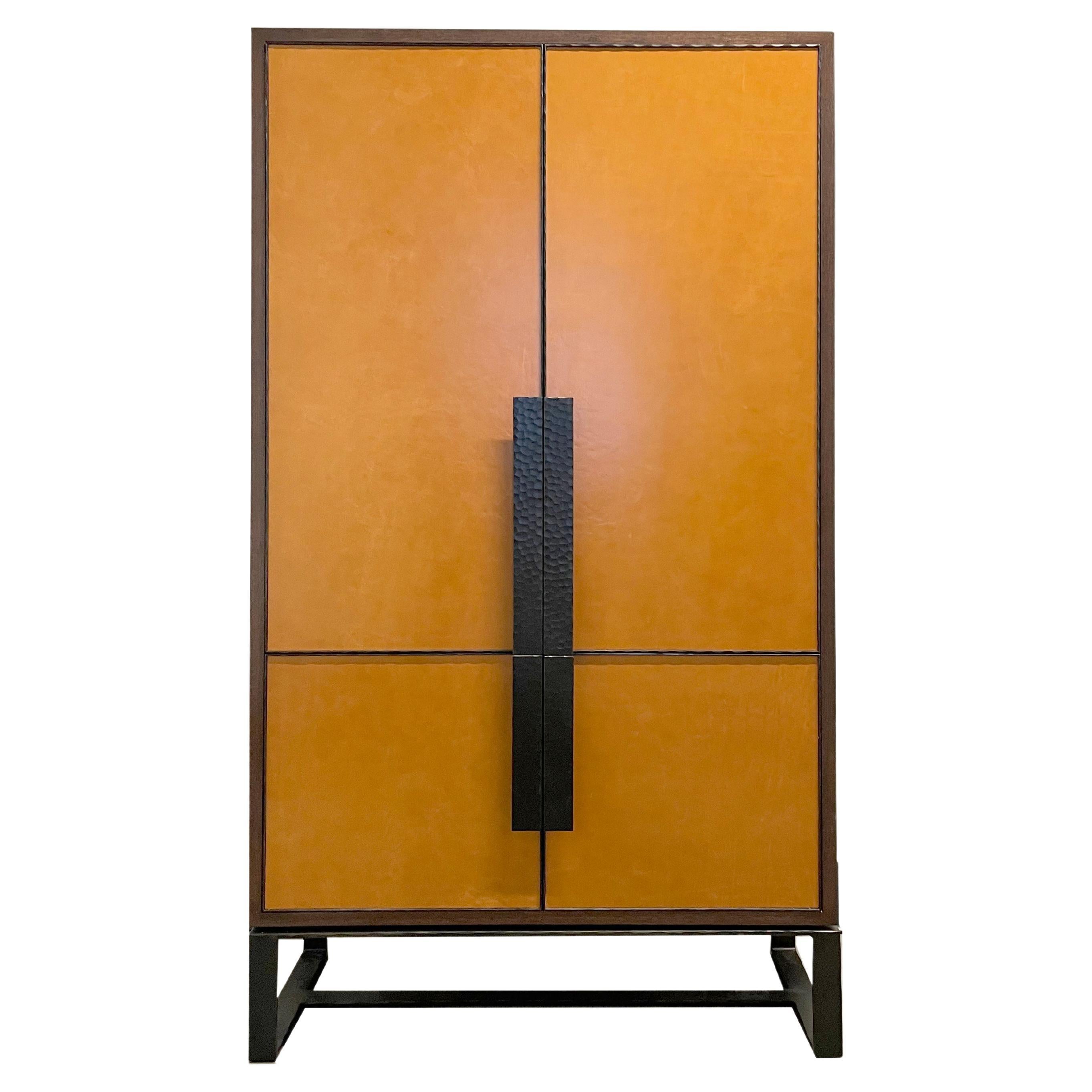 Modern Chelsea Leather Bar Cabinet with Forged Metal by Ercole Home For Sale